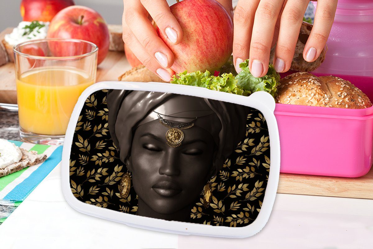 Brotbox für rosa - (2-tlg), - Erwachsene, Lunchbox Kunststoff Schwarz Snackbox, Kinder, Frau Laub MuchoWow Brotdose Kunststoff, Weiß, Mädchen, -