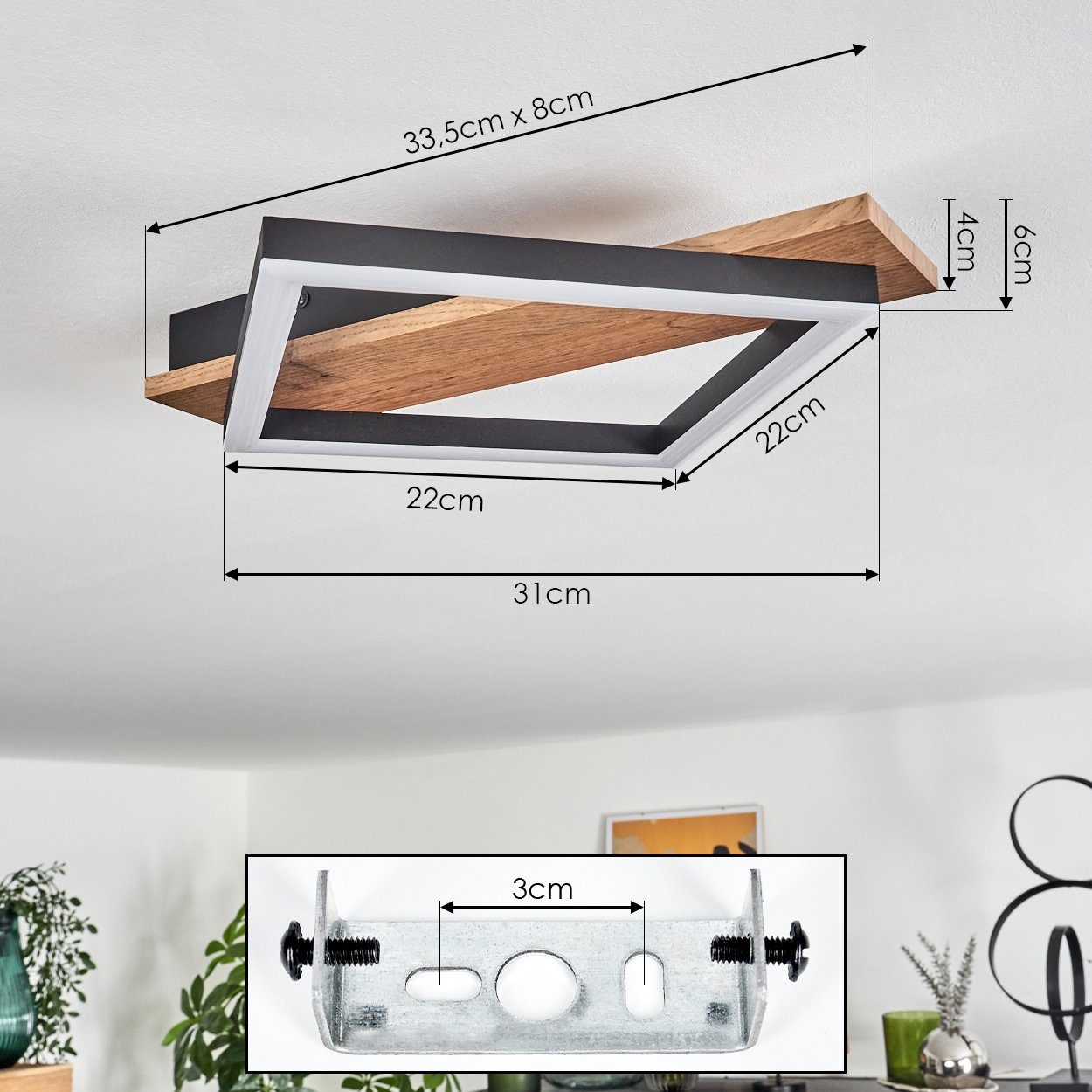 hofstein Deckenleuchte Deckenlampe aus Metall/MDF/Kunststoff in Schwarz/Holzoptik/Weiß, LED fest integriert, 3000 Kelvin, 1-flammig, 12 Watt, 1350 Lumen, 3000 K – Bild 5 von 5