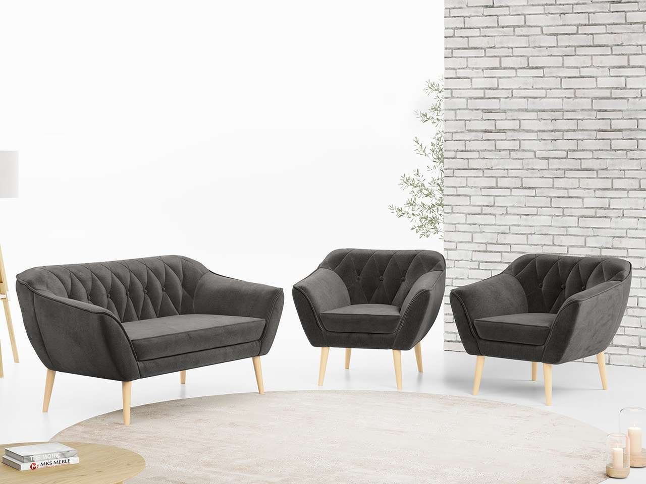 MKS MÖBEL Sofa PIRS 2 1 1, Moderne Sofa Set, Skandinavische Deko, Pirs Loungesofa und Zwei Sessels Grau Monolith | Alle Sofas