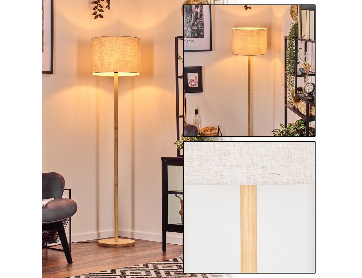 hofstein Stehlampe Stehlampe mit Holzfuß und Schirm aus Stoff, ohne Leuchtmittel, Boho-Style, skandinavisches Design (40 cm), Fußschalter, 1 x E27