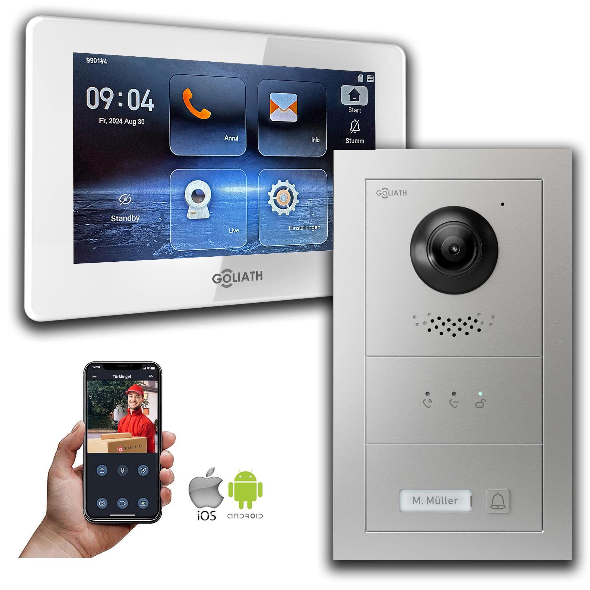 Goliath Intercom Video-Türsprechanlage Goliath IP Video Türsprechanlage mit Kamera 7-Zoll Silber (Privat oder Gewerblich)