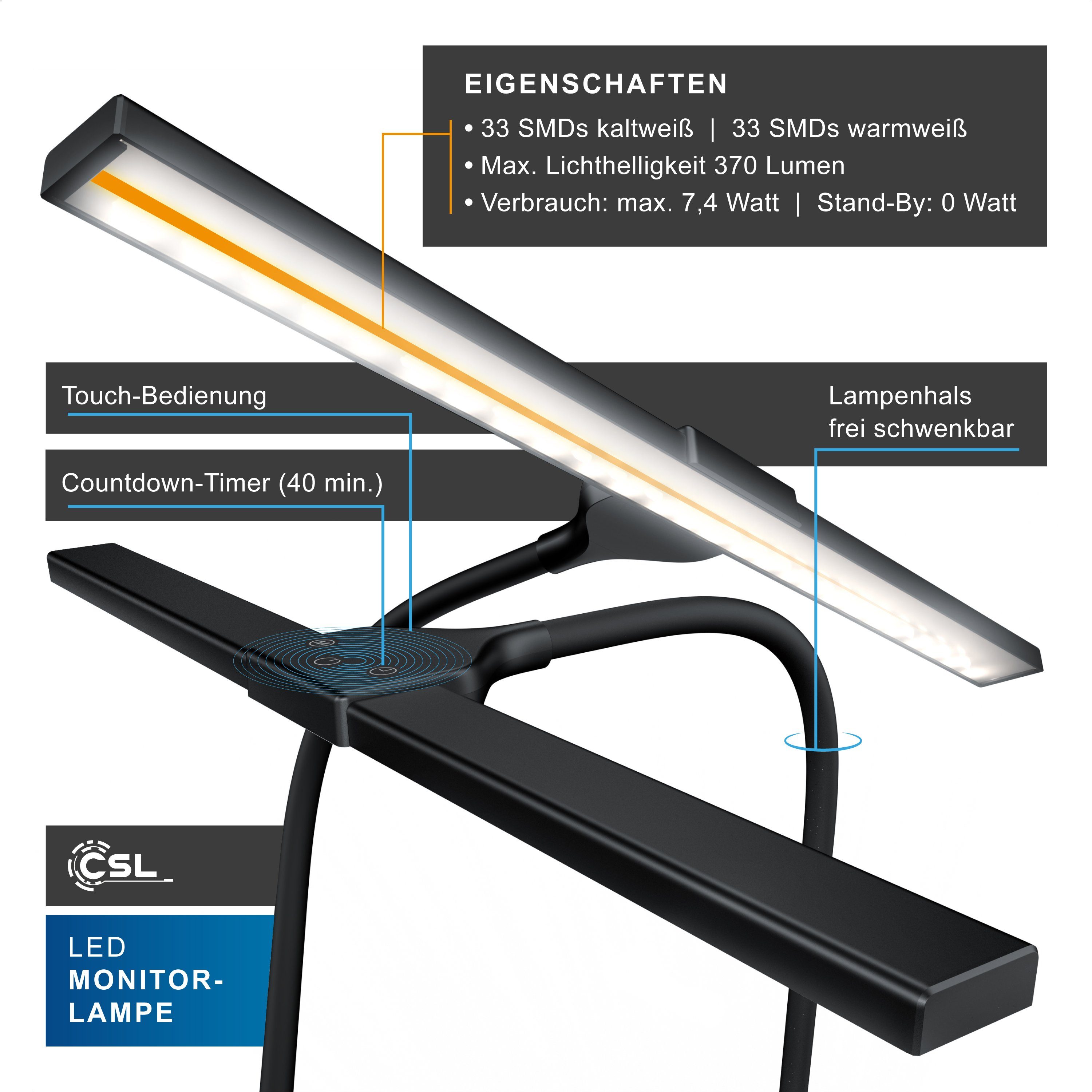 CSL Klemmleuchte, LED Monitorlampe, Bildschirmlampe mit Dimmfunktion; Ein-/Ausschalter; Mehrere Helligkeitsstufen; Einstellbare Farbtemperatur; Memory-Funktion; schwenkbar, LED fest integriert, Monitor Leuchte / Lampe, Screenbar dimmbar, 3 Lichtfarben, schwenkbar