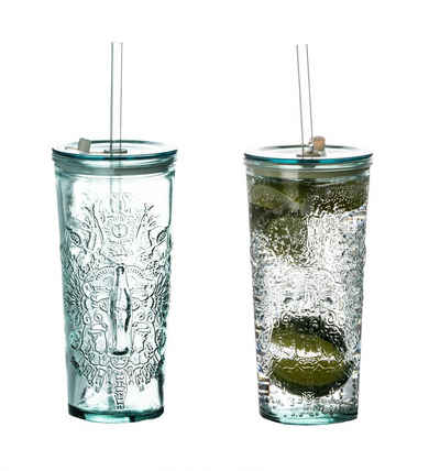BigDean Longdrinkglas »2x Coca-Cola Gläser 0,5 l mit Strohhalm Wappen To Go Becher«, Glas