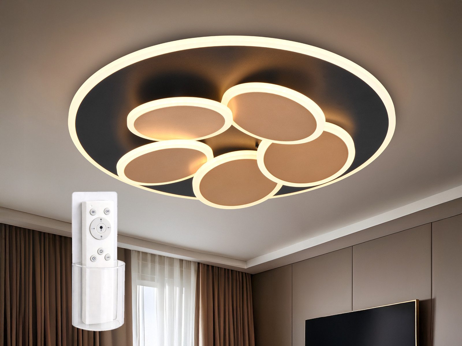 TRIO Leuchten LED Deckenleuchte mit Fernbedienung & Tageslicht Ø 49cm, Dimmfunktion Nachtlichtfunktion, LED fest integriert, Tageslichtweiß, Neutralweiß, Warmweiß, ausgefallene Tageslichtlampe flach, alternativ dimmbar über Schalter