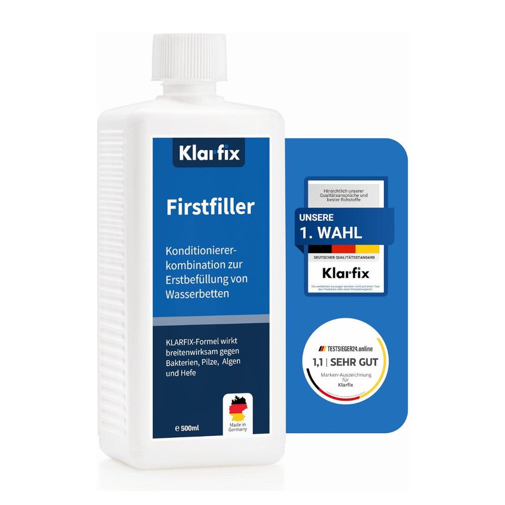 klarfix Wasserbetten-Conditioner für Erstbefüllung Hygienespüler (Spar-Set, [1-St. Hochwirksam gegen Bakterien, Algen & Pilze Extra starker Schutz für Wassermatratzen I Wasserbett-Pflege)