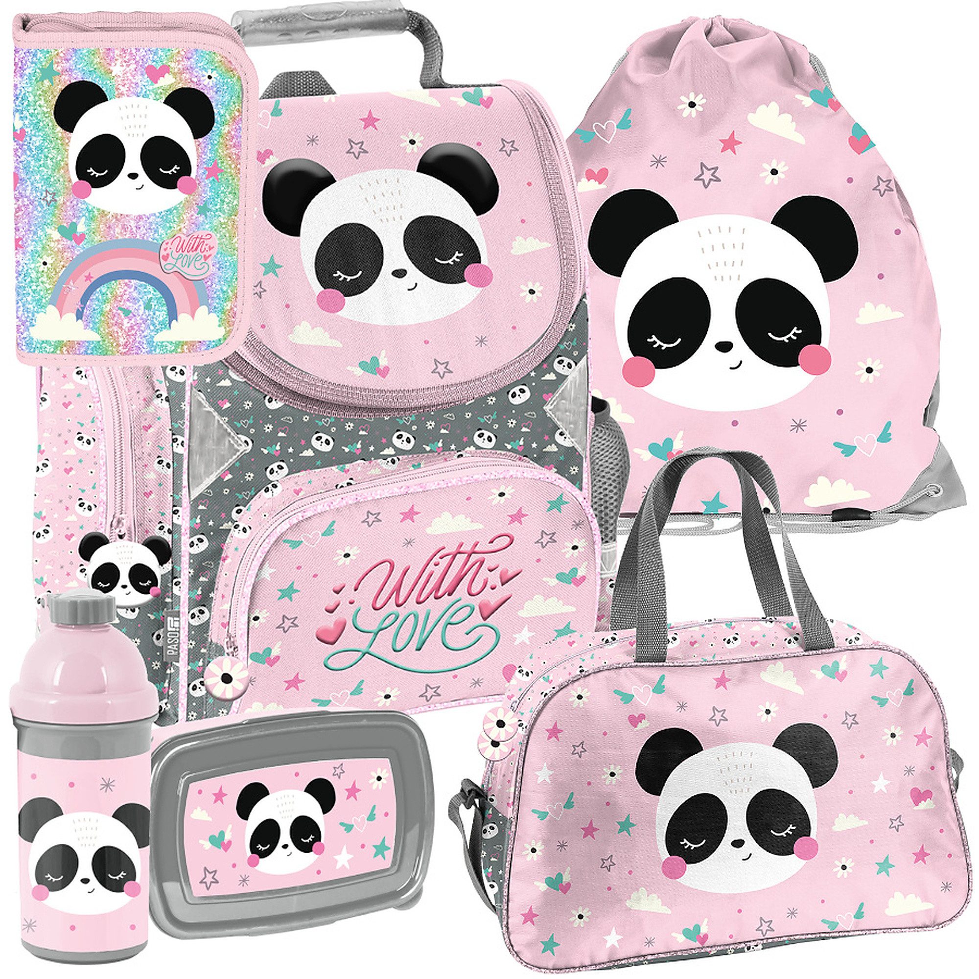 PASO Schulrucksack Mega-Set Panda Schulset 6-tlg. (Schulranzen + Turnbeutel + Federmäppchen + Lunchbox + Trinkflasche + Sporttasche, 6-tlg)