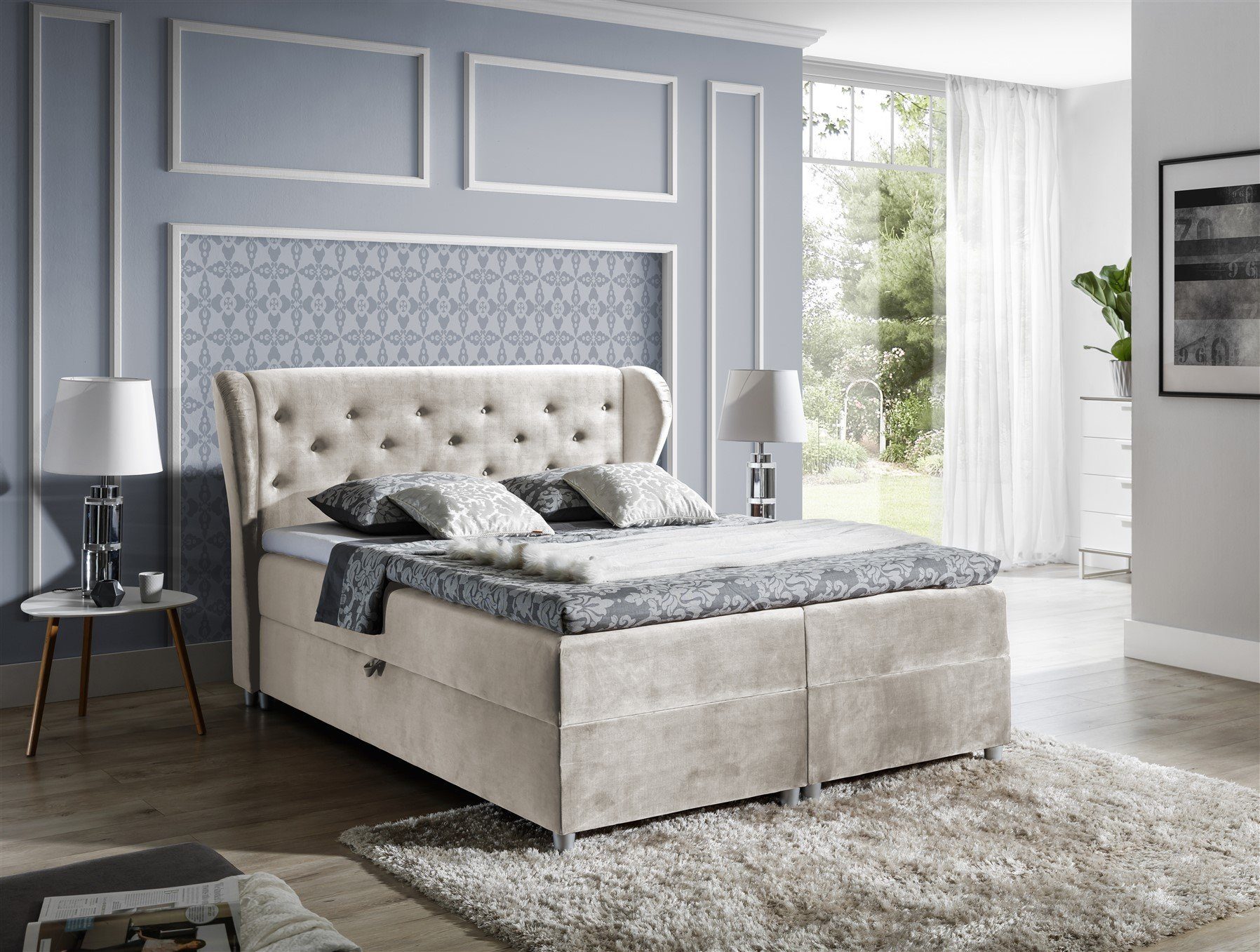 Fun Möbel Boxbett Schlafzimmerbett ARIANNA Stoff Beige inkl. Bettkasten (N/A, 1-St., inkl. Kaltschaumtopper), inkl. Topper
