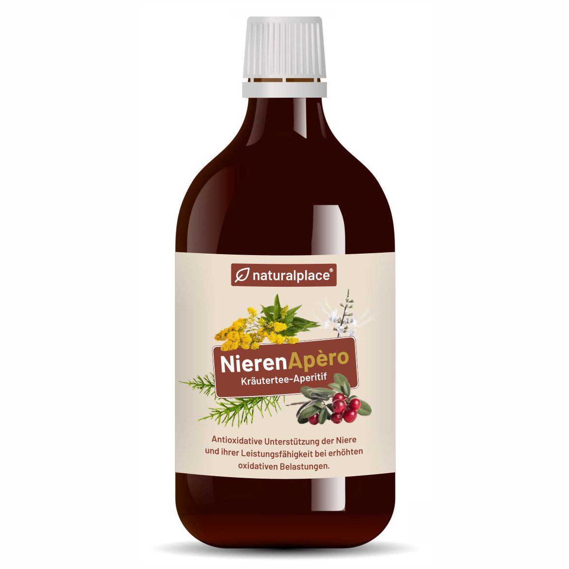 naturalplace® NierenApèro - Kräuteraperitif zur Unterstützung der Nierengesundheit -Tropfen, 500 ml, mit Goldrutenkraut-, Bärentrauben-, Ortosiphonblätter, Zinnkraut