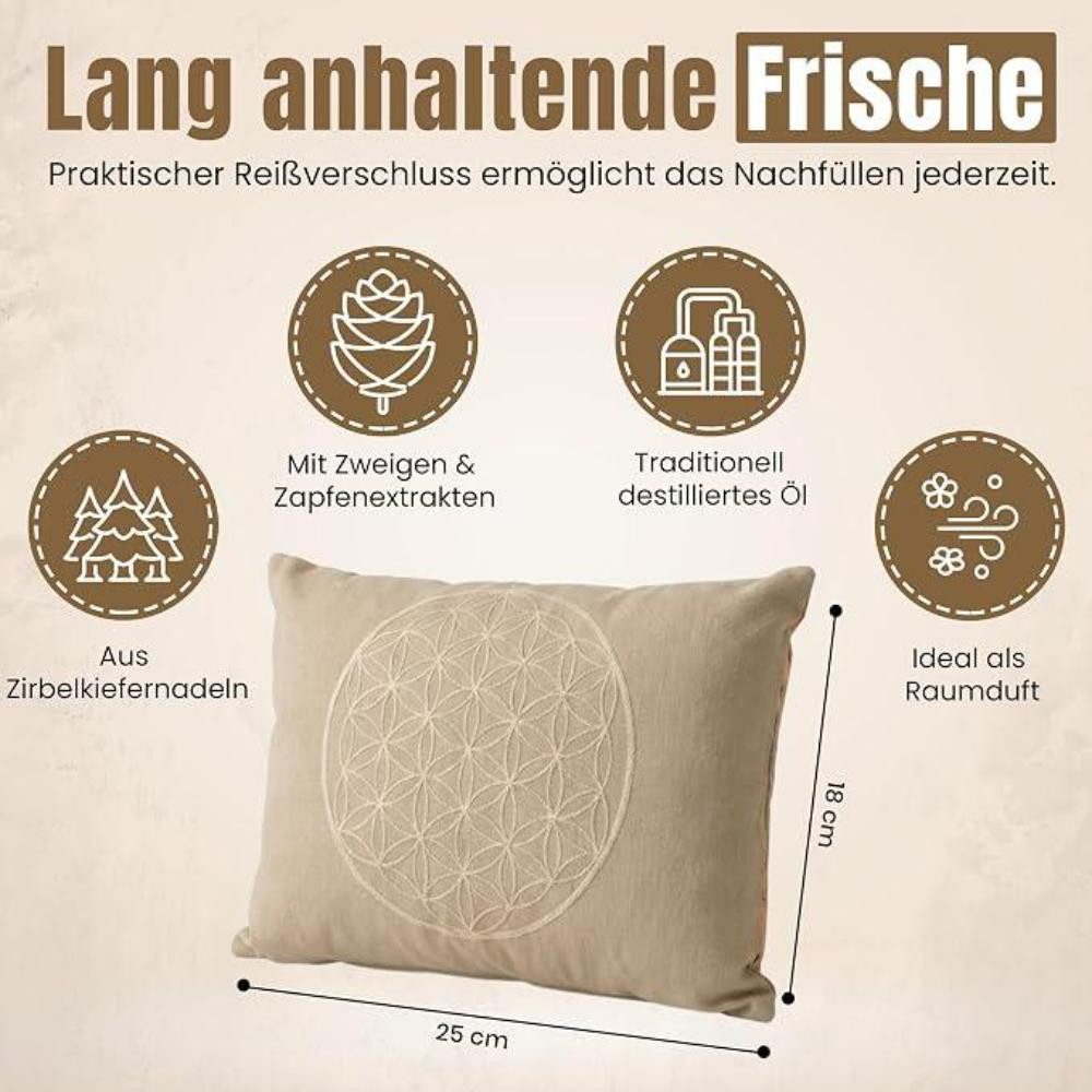 geborgenschlafen Zirbenkissen Blume des Lebens mit Zirbenkiefernöl für Entspannung, 2-tlg., Naturreines Zirbenöl & Kissen klein - Schlafkomfort & Wohlbefinden