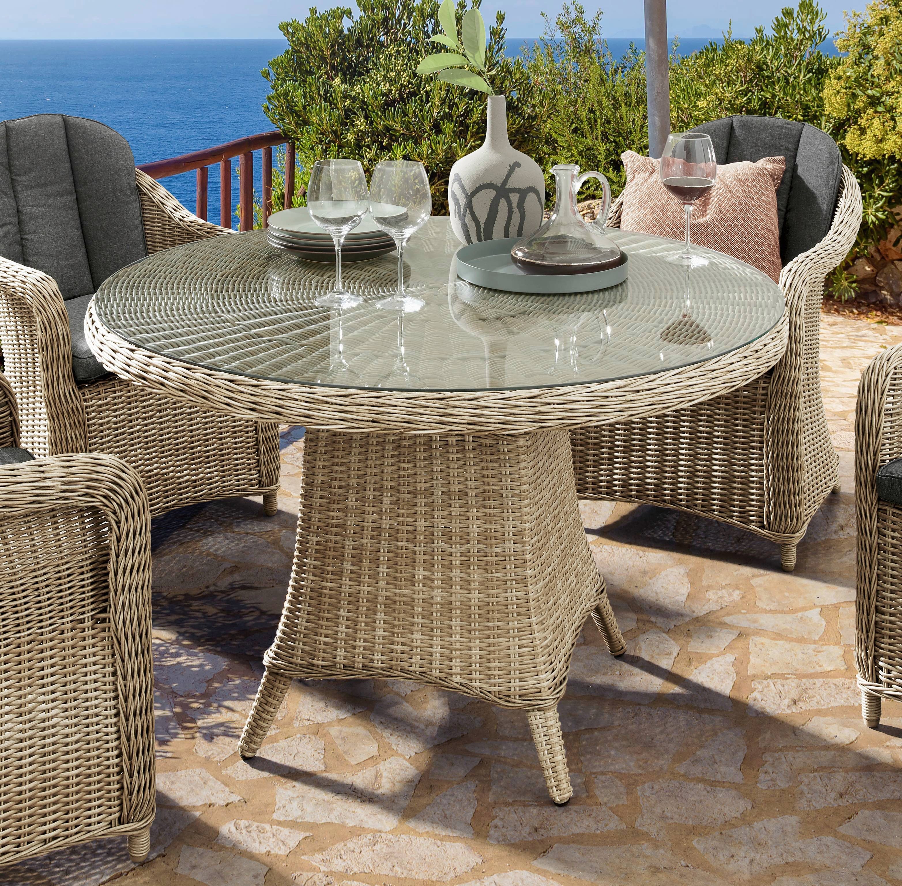 natur 120x75 Polyrattan, meliert cm, Destiny mit Tisch, Ø Gartentisch Glasplatte, LUNA aufgelegter