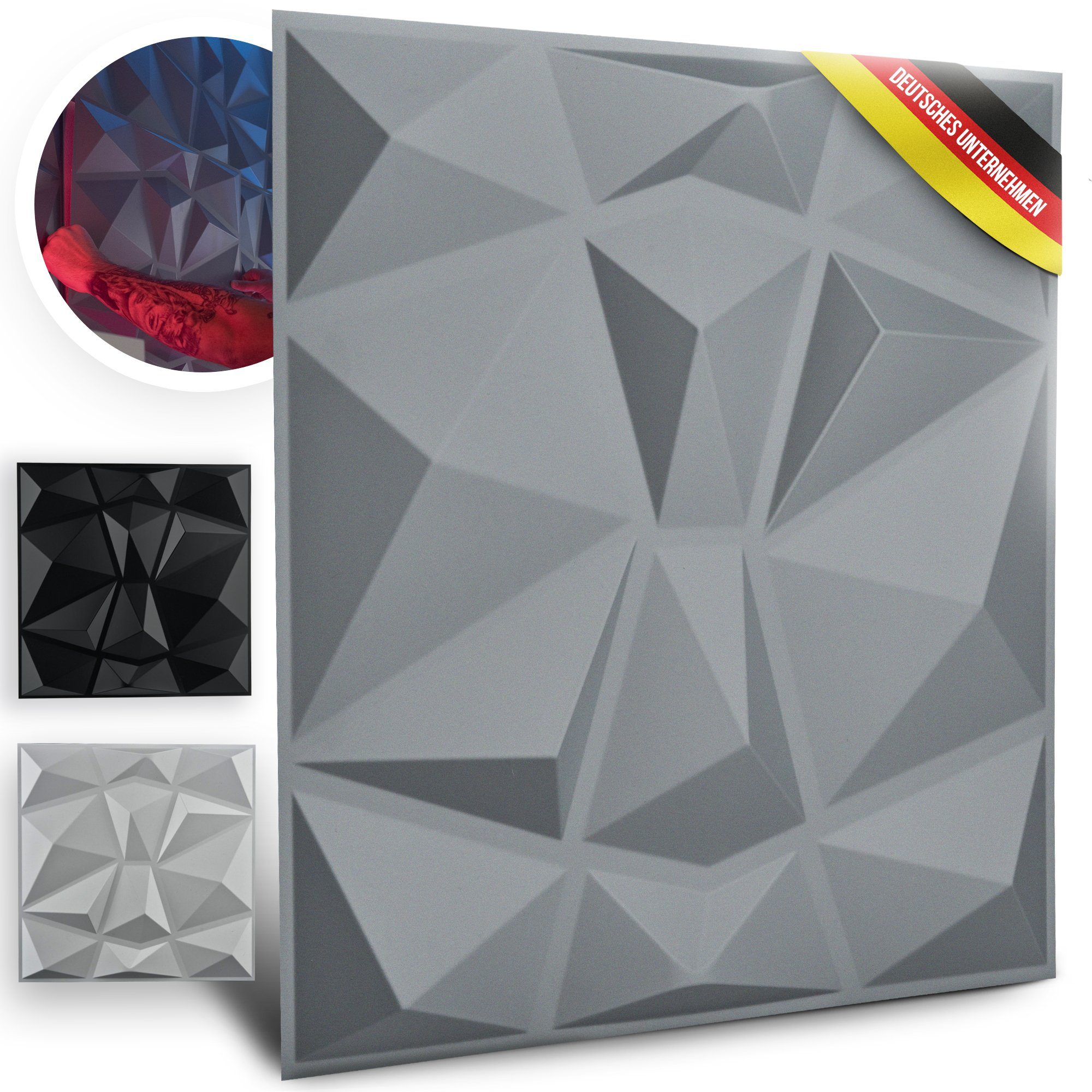 WANEELL 3D Wandpaneel Diamond, BxL: 50,00x50,00 cm, 3,00 qm, (12 stück, Hochwertige PVC Paneele ideal für die Gaming Wand) PVC