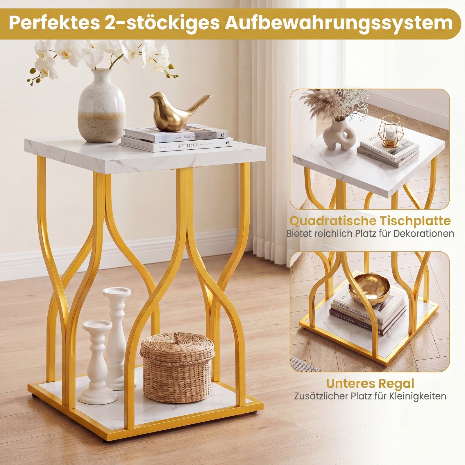 COSTWAY Beistelltisch, Nachttisch quadratisch Marmor-Optik gold 39,5x39,5x59,5cm