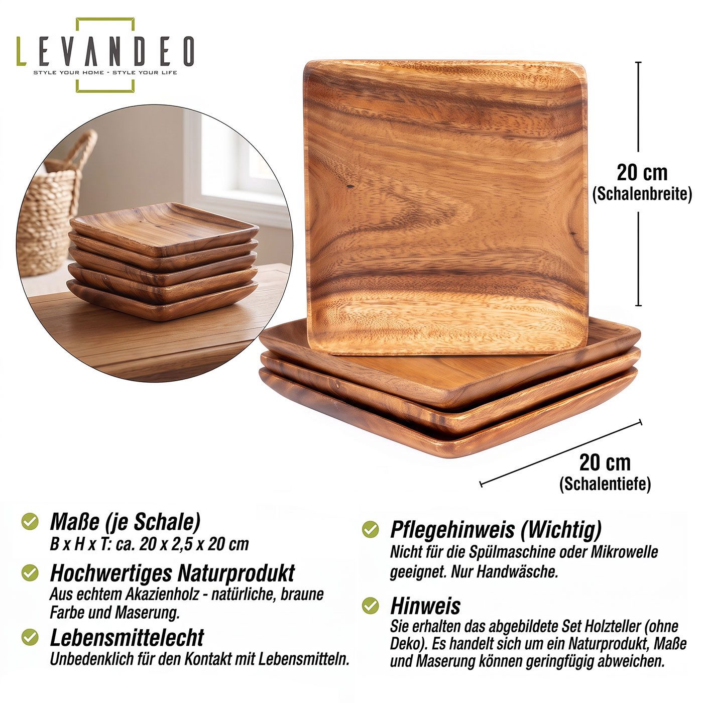Levandeo® Teller, 4er Set Holzteller Akazienholz 20x20cm Holzschale Dekoschale Tischdeko