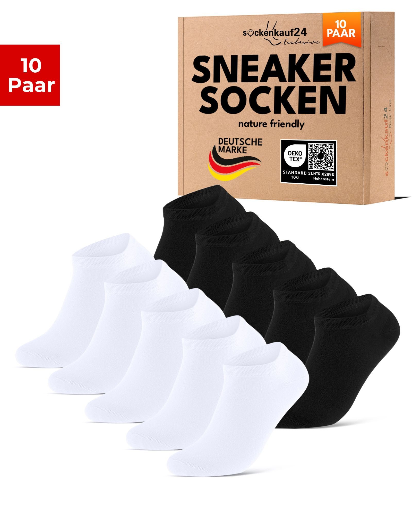 sockenkauf24 Sneakersocken Premium Sneaker Socken Herren & Damen mit Komfortbund ohne Gummidruck (5xSchw/5xWeiß, 10-Paar, 35-38) atmungsaktive gekämmte Baumwolle, ohne Naht, Exclusive Line
