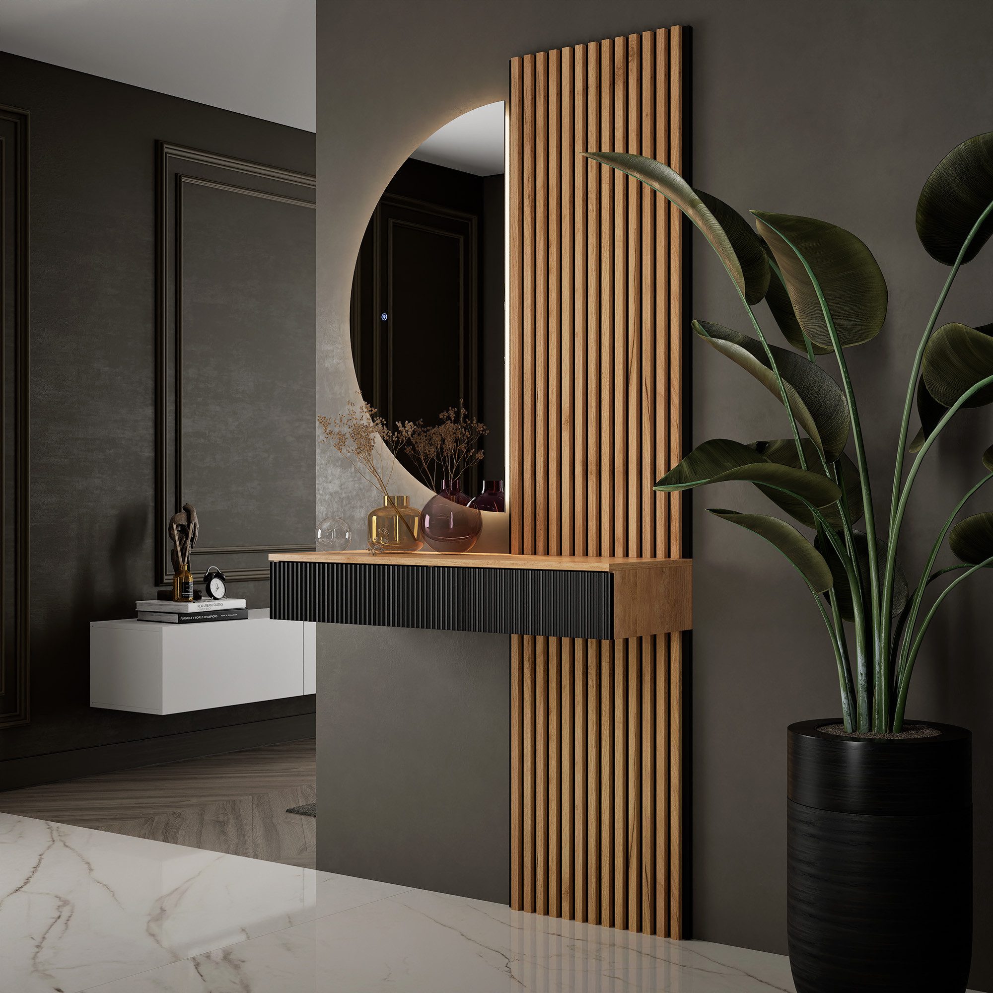 Planetmöbel Garderoben-Set AMYRA Flur Garderobe Spiegel mit Beleuchtung & Akustikpaneele, (LED Spiegel NIVORA 50 x 100 cm, Touch-Funktion, Dimmbar, Konsolentisc – Bild 2 von 5