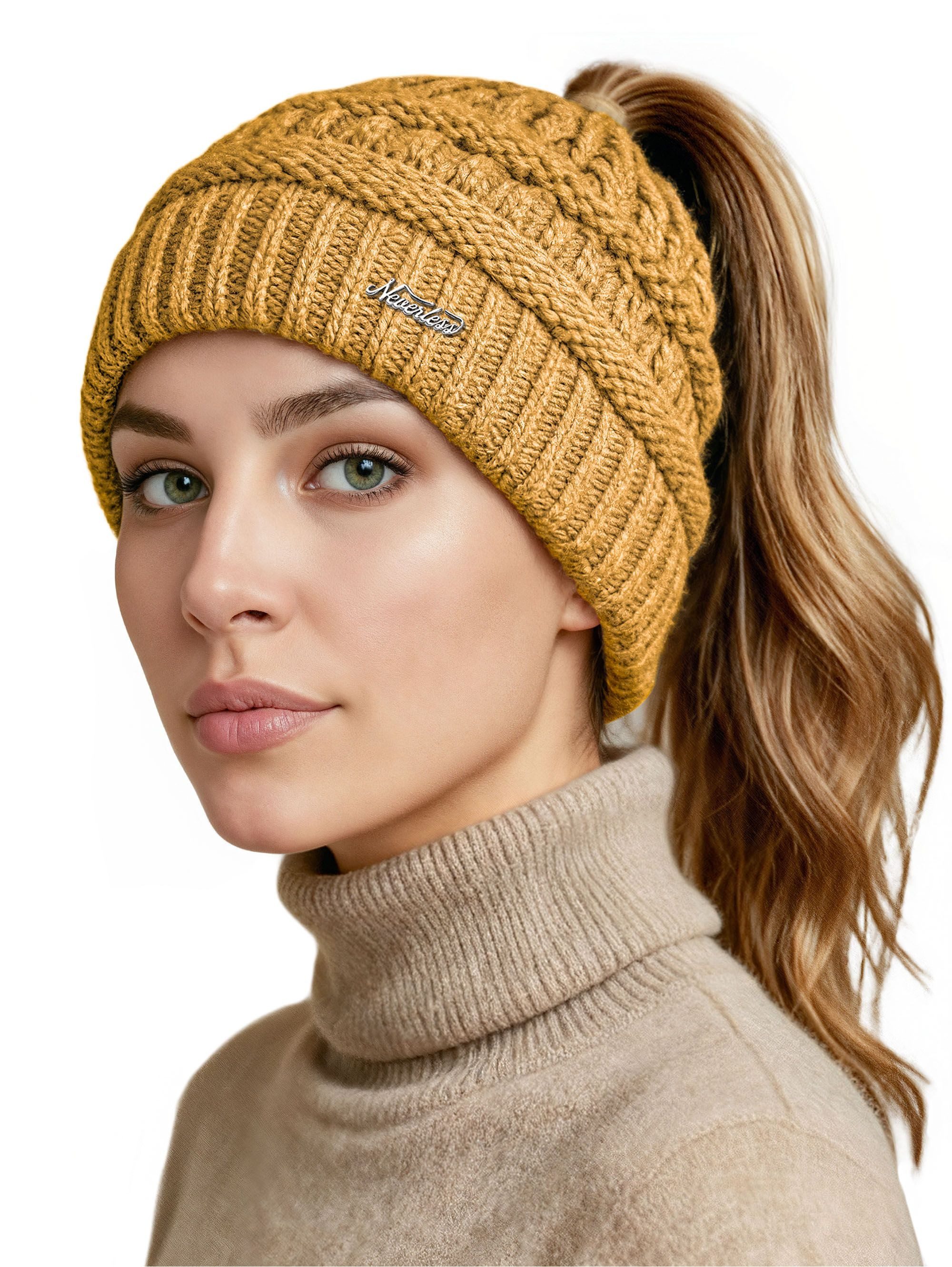 Strickmütze Damen Strickmütze Mütze Zopfloch Grobstrick Ungefüttert Wintermütze