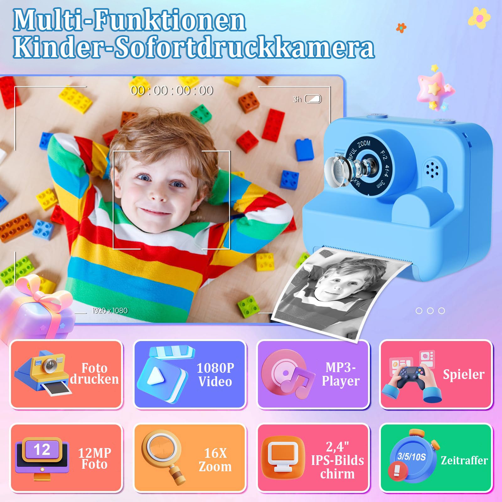 nsihing 1080P HD Kinder-Sofortbildkamera, digitale Kinderkamera, Kinderkamera (Sofortdruckkamera, Kinder-Sofortdruckkamera für Kinder ab 3 Jahren)