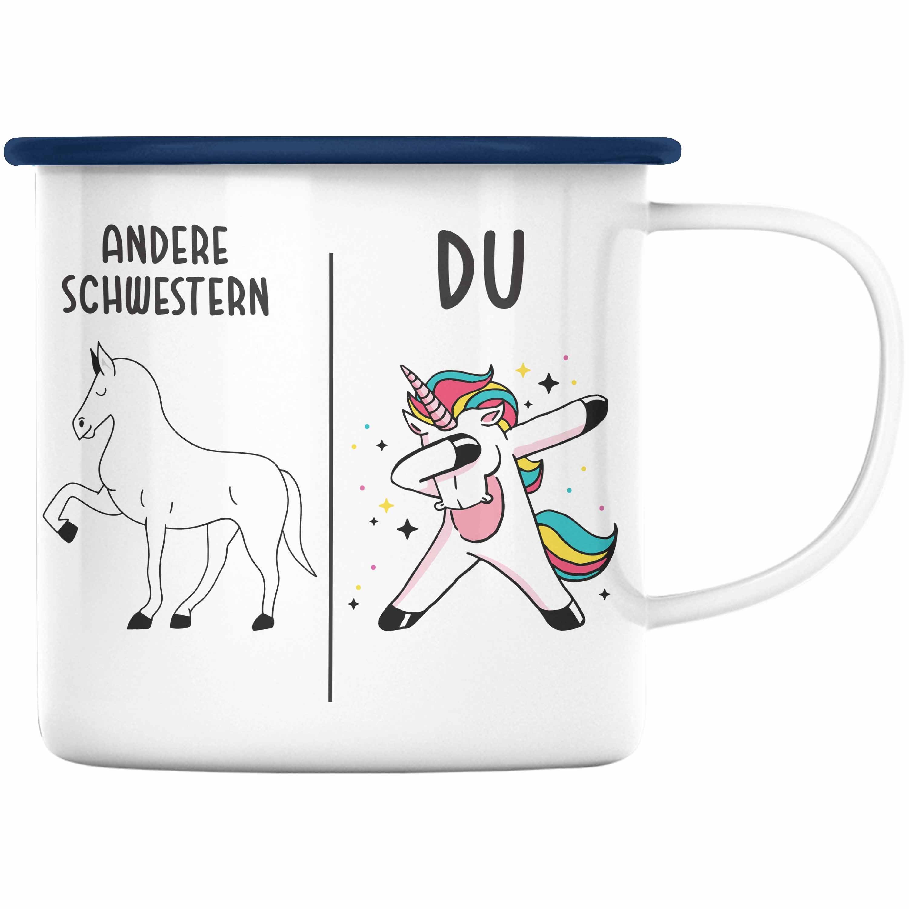 Trendation Thermotasse Trendation - Schwester Geschenk Geburtstag Emaille Tasse Geschenkideen Emaille Tassen mit Spruch für Schwester Blau