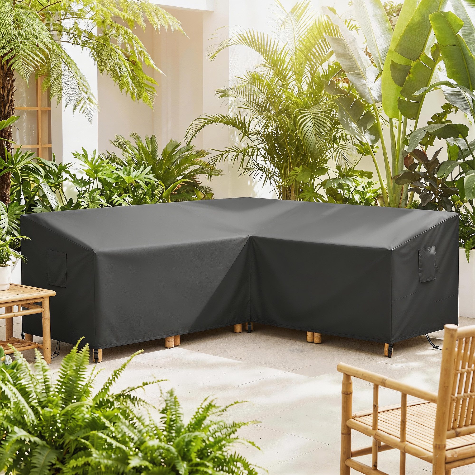 Outsunny Gartenmöbel-Schutzhülle V-förmig Anti-UV Winddicht Abdeckhaube (Winterfest Abdeckung, 1-St., Wasserdicht Abdeckplane), für Gartentische Terrassenmöbel 216 x 216 x 78 cm Schwarz