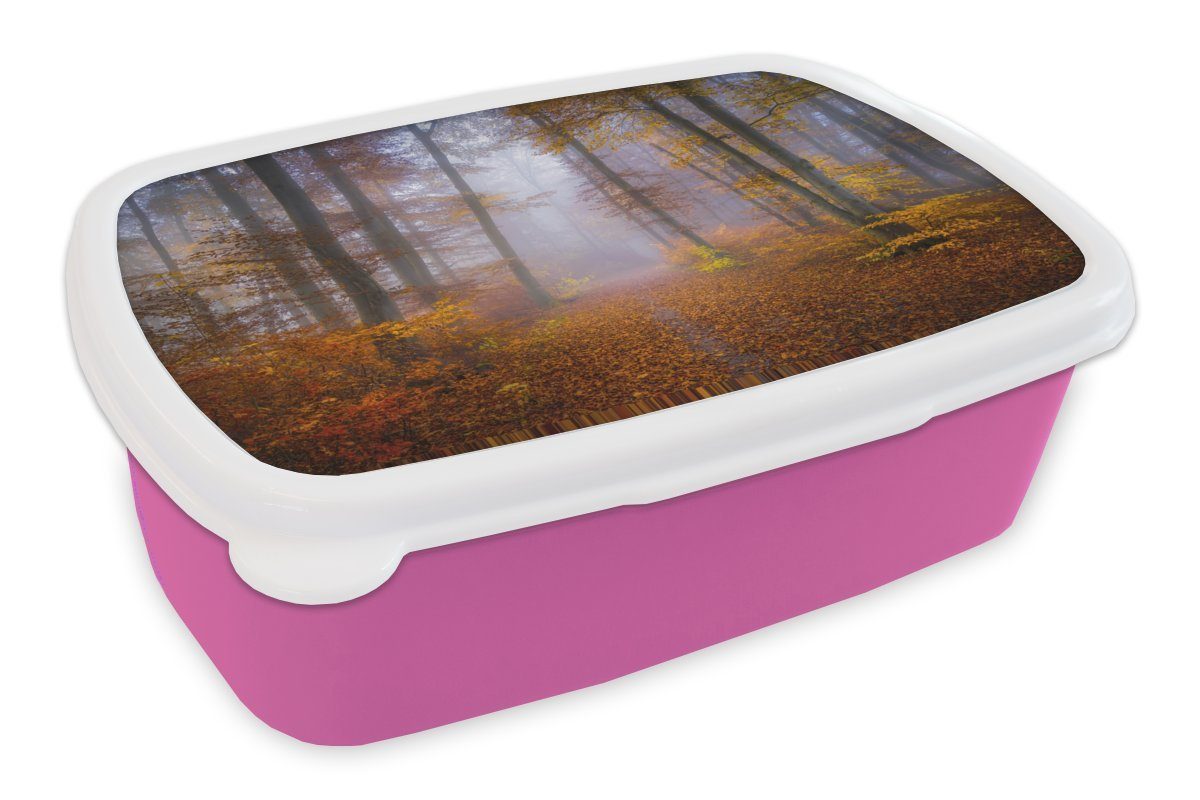 MuchoWow Lunchbox Weg durch den Wald - Herbst - Nebel - Waldweg - Bäume und Pflanzen -, Kunststoff, (2-tlg), Brotbox für Erwachsene, Brotdose Kinder, Snackbox, Mädchen, Kunststoff rosa