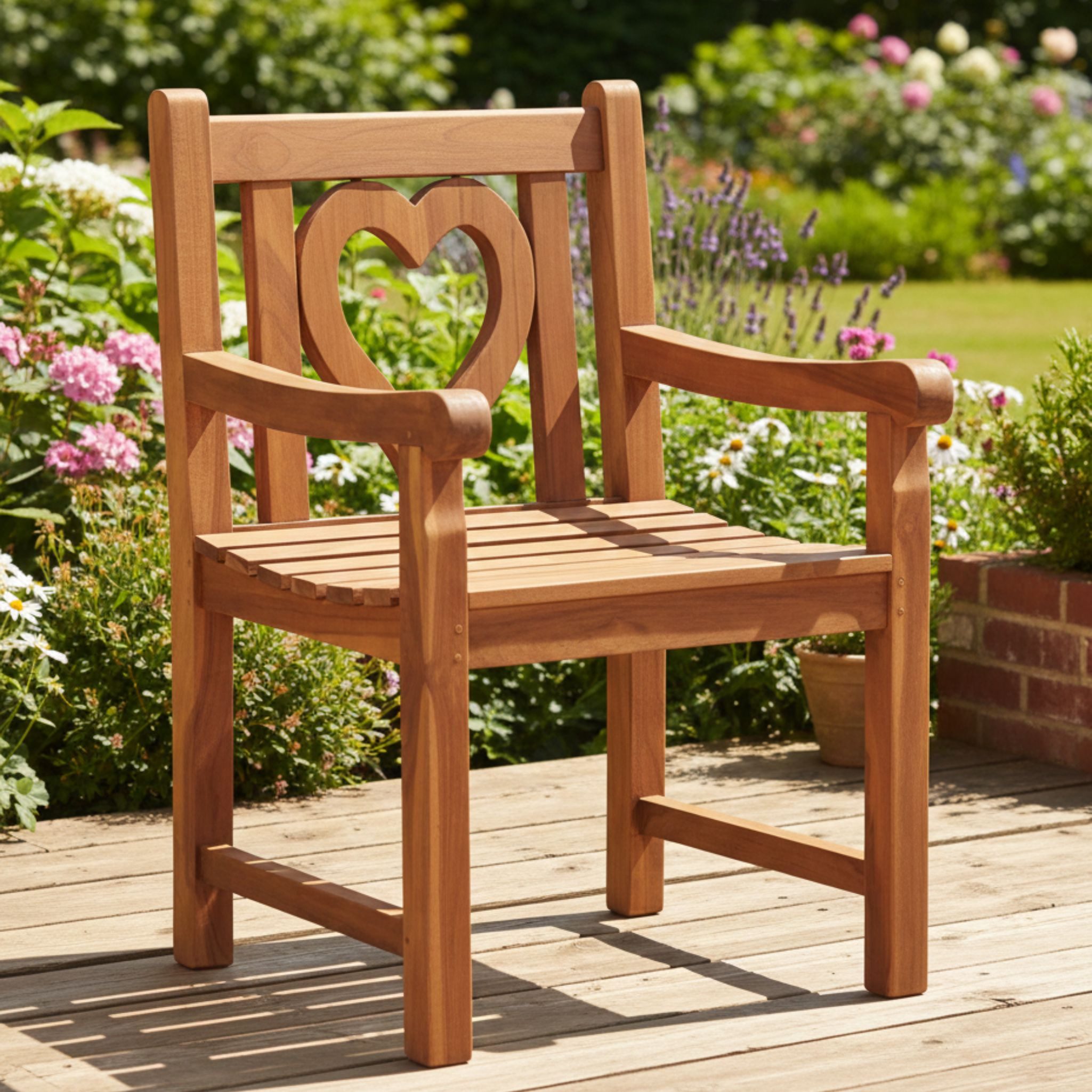 MR.DEKO Gartenstuhl Herz Gartensessel Teak-Holz, stabil und mit viel Liebe, Balkonstuhl (Garten und Ballkon Stuhl aus Teakholz, 1 St), Herz-Motiv in der Rückenlehne, wetterfest & stabil