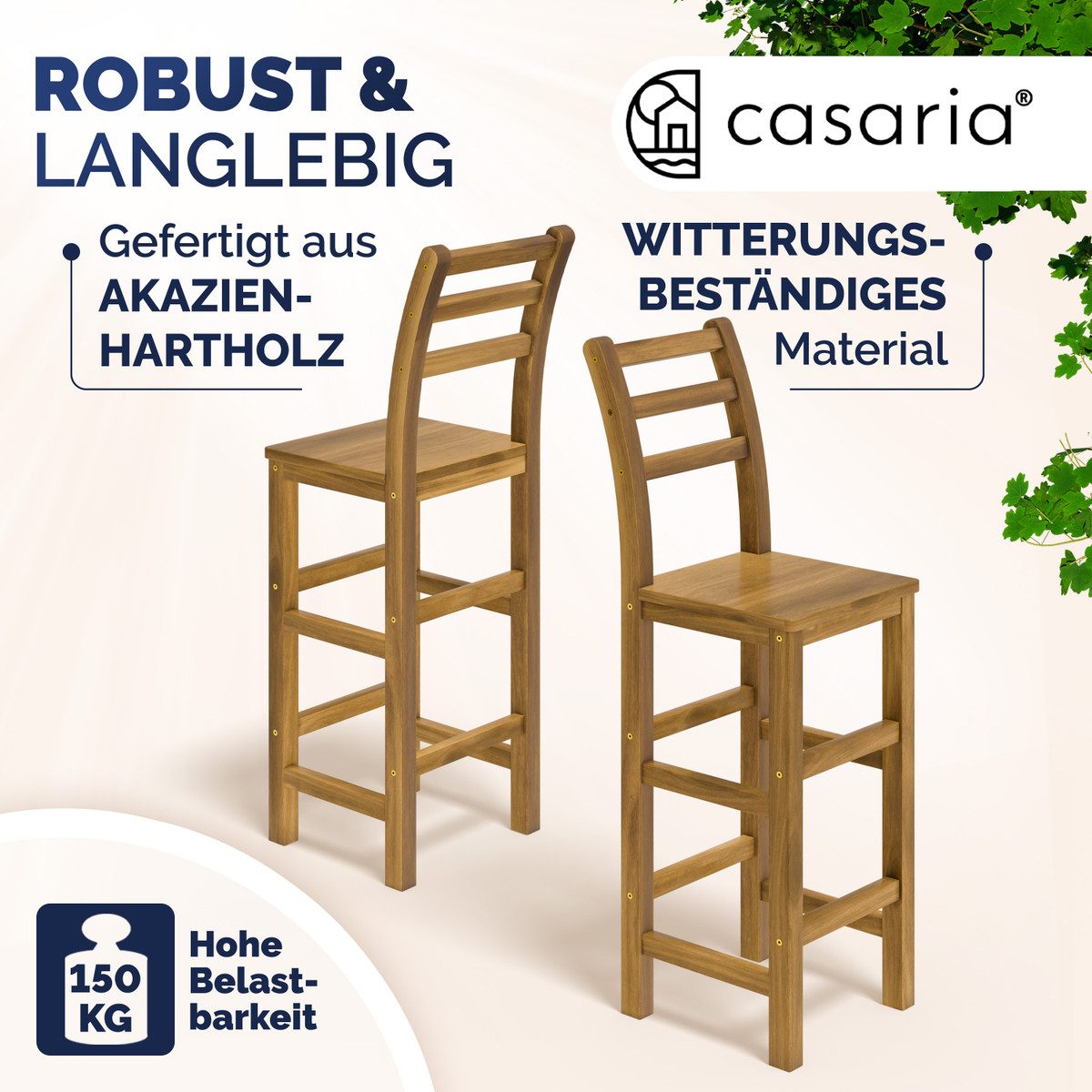 Casaria Barhocker, Holz Lehne Outdoor 75cm Sitzhöhe Akazie 150kg Belastbark günstig online kaufen