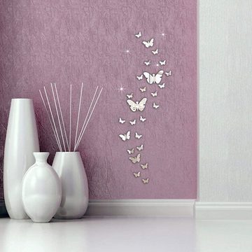 HIBNOPN 3D-Wandtattoo Schmetterling Wanddeko 3D Spiegel Aufkleber Acryl Silber 60 Stück (60 St)