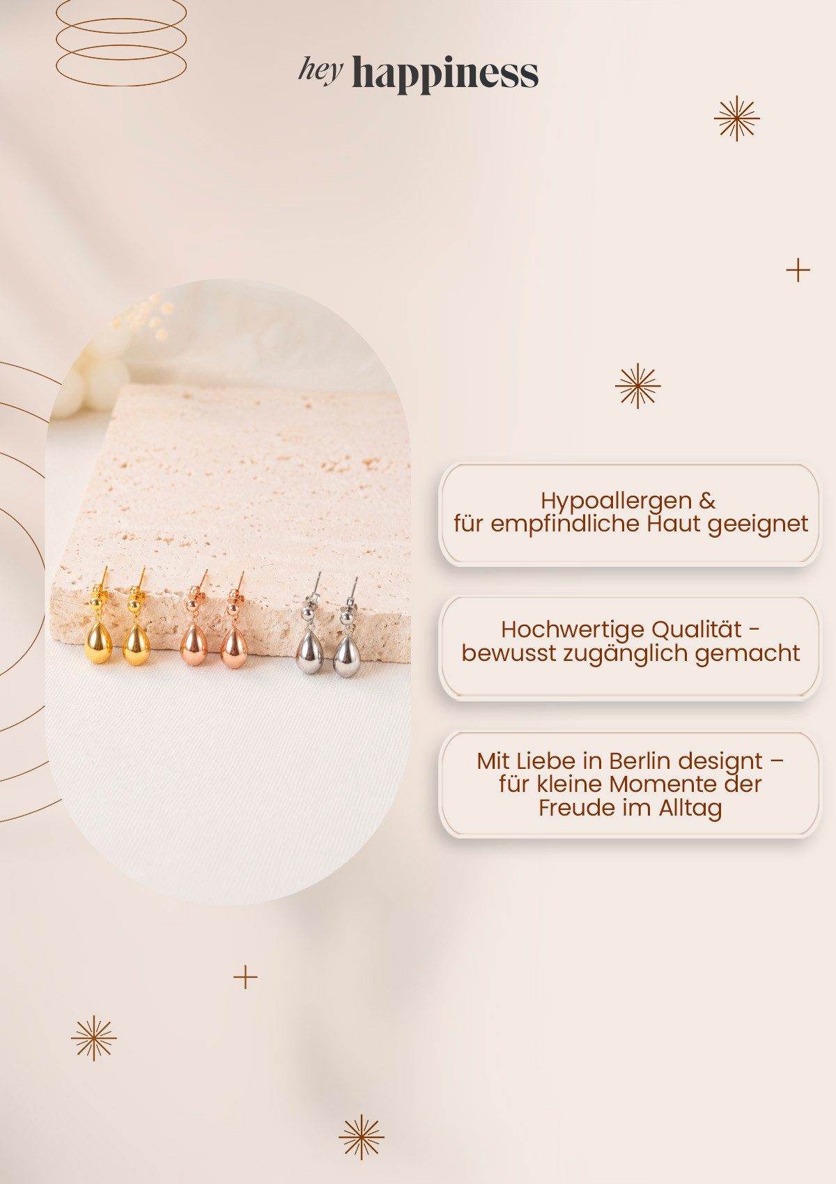 Hey Happiness Paar Ohrstecker Kugel und Tropfen hängend, Ohrhänger 18K Roségold Vergoldet, Tropfen Ohrringe Damen Edelstahl klein, wasserfest – Bild 5 von 5
