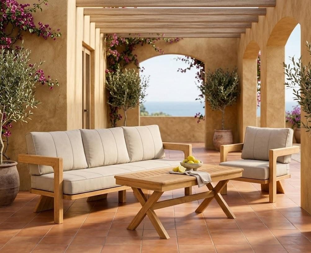 JVmoebel Gartenlounge-Set Gartenlounge Set 3-Sitzer sofa Sessel Beige Kissen Couchtisch, (3-tlg., 3-tlg)