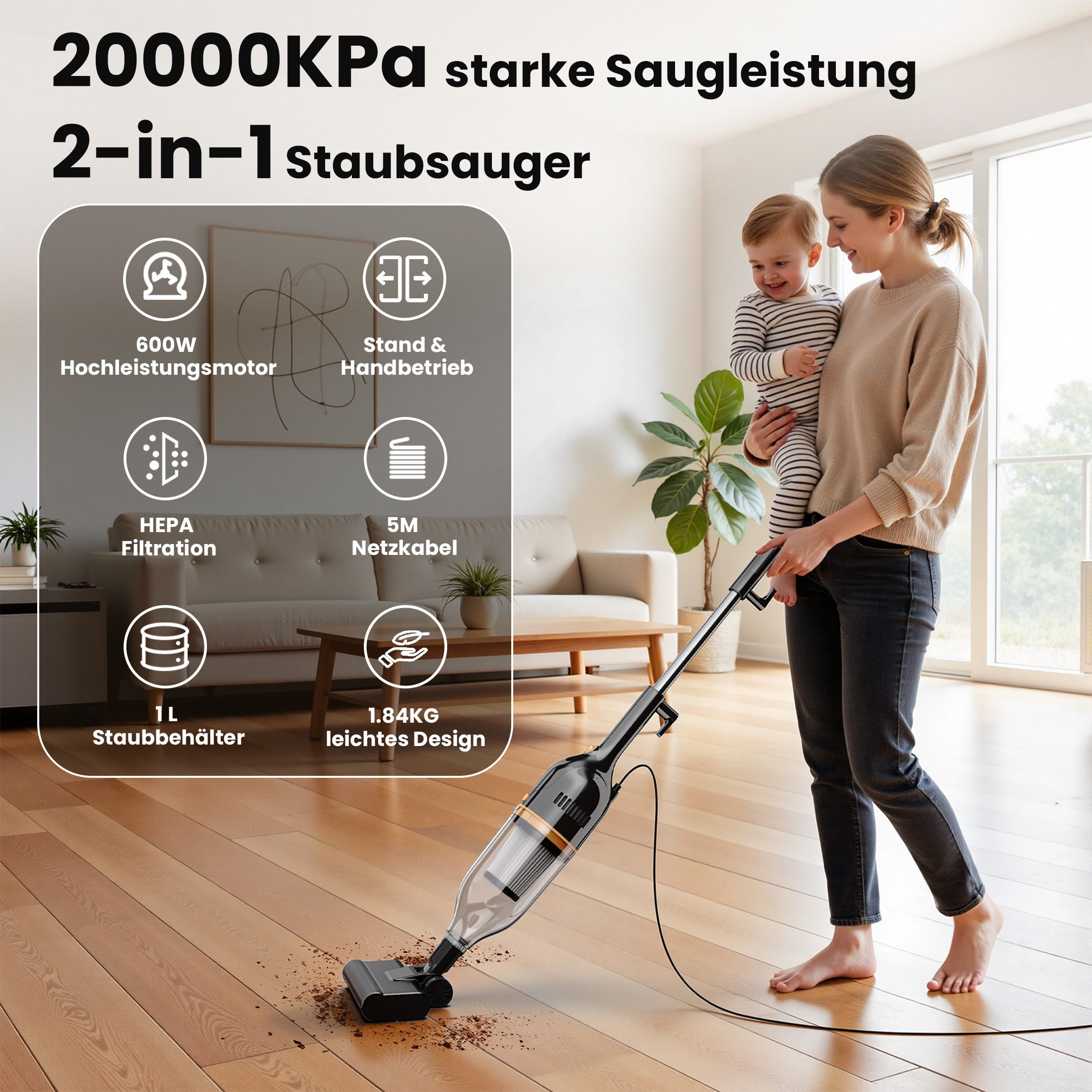 INSE Hand-und Stielstaubsauger R7 Kabelgebundener Stabstaubsauger, 600 W, beutellos, Leichtgewicht,kabelgebunden,600W Hochleistungsmotor