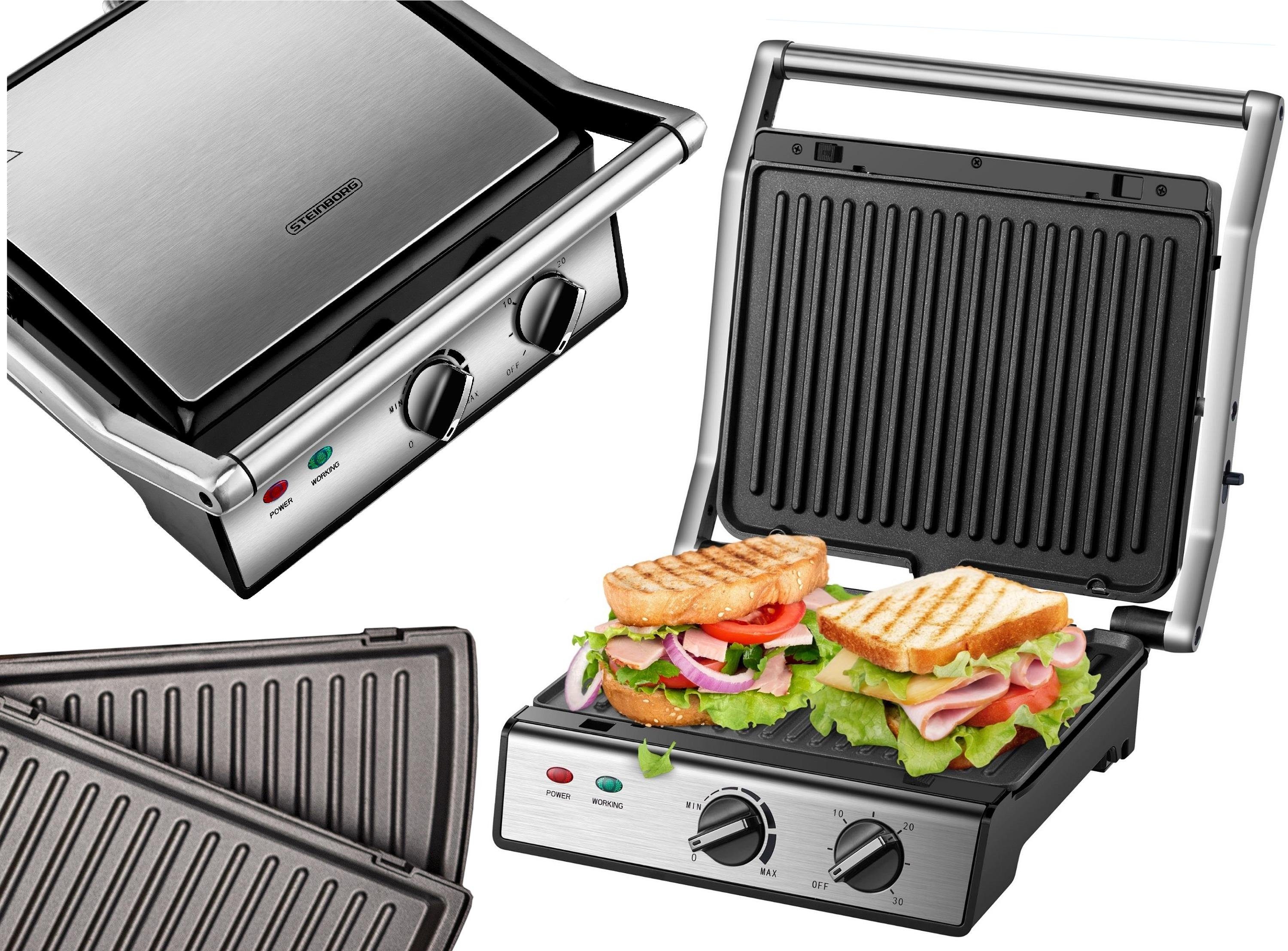 STEINBORG Kontaktgrill SB-2130, 2000 W, Edelstahlgehäuse, Cool-Touch-Technologie, Antihaftbeschichtung