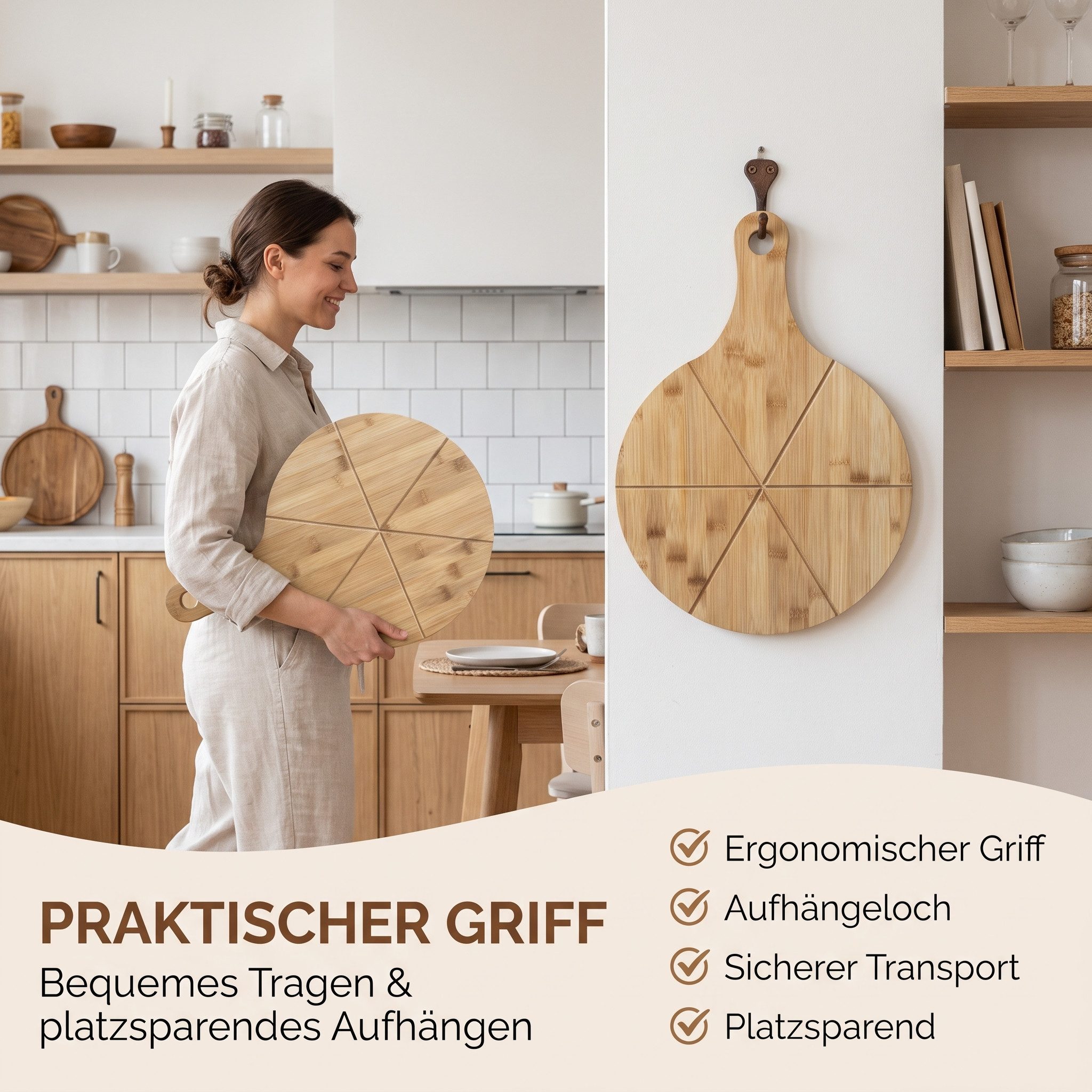 hausleben Pizzaschneidebrett Pizzabrett - Rundes Schneidebrett mit Griff und Schneiderillen, Bambus Pizzabrett, (Holz Pizzateller für Flammkuchen, 4-St., 2 Serv – Bild 3 von 5