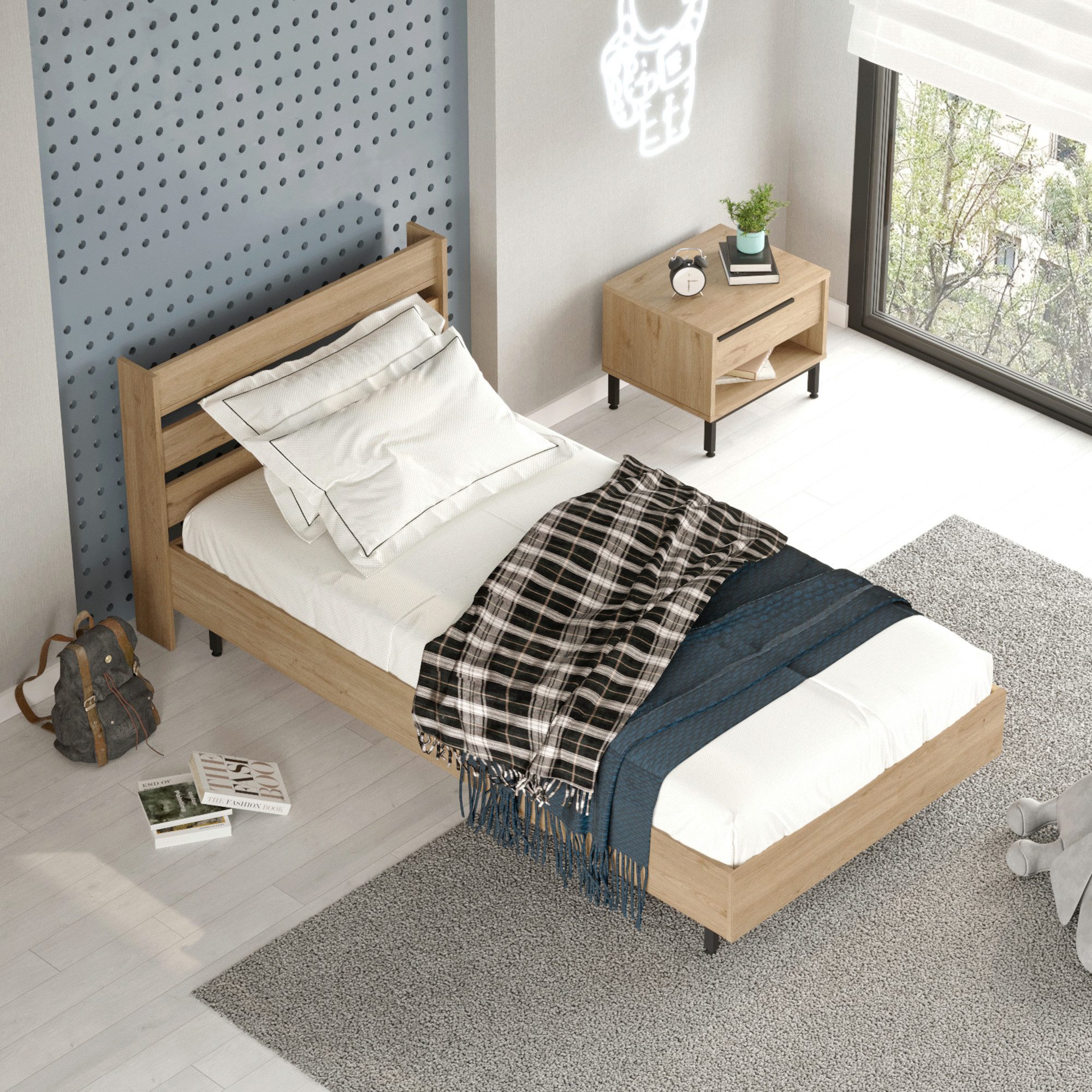 en.casa Einzelbett, »Vesanto« mit Lattenrost 100 x 200 cm Eichenoptik