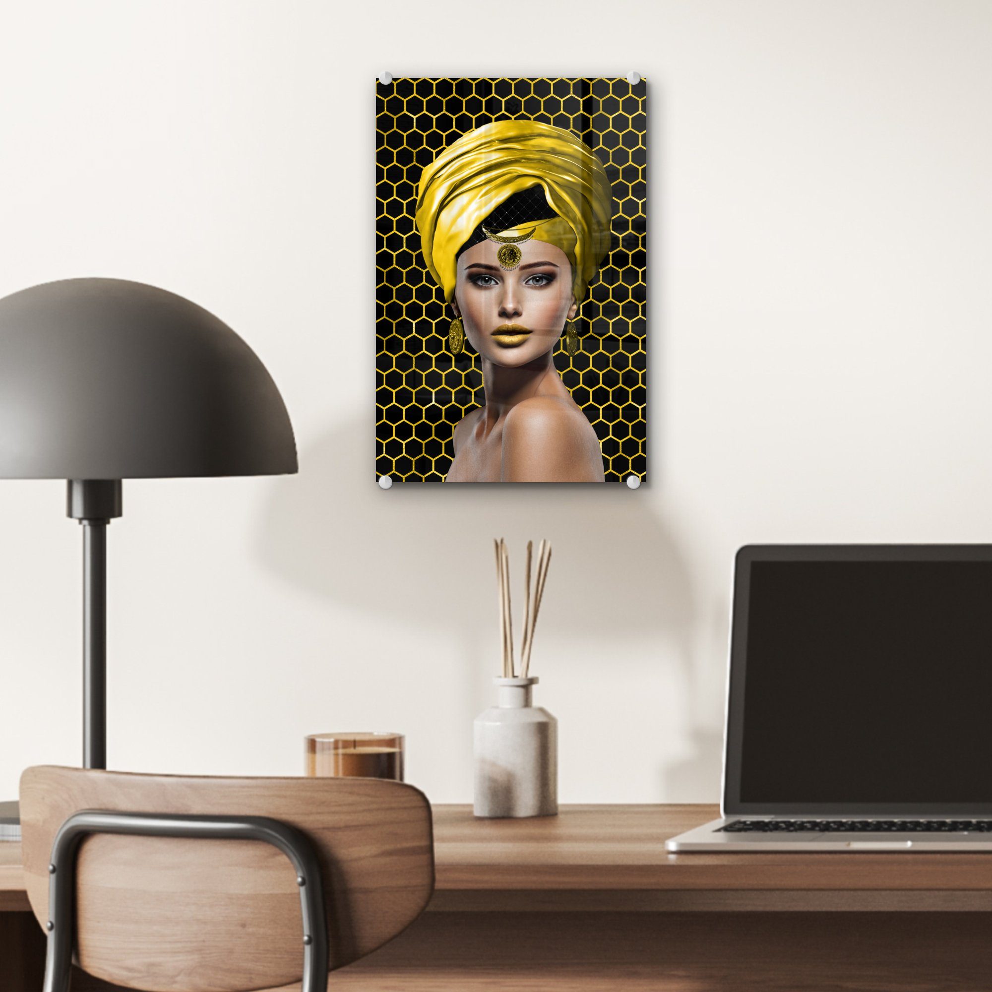 auf Frau Glas Elemente Wandbild - auf Bilder - MuchoWow - Wanddekoration Acrylglasbild (1 Gelb, - Glasbilder - St), Glas Foto