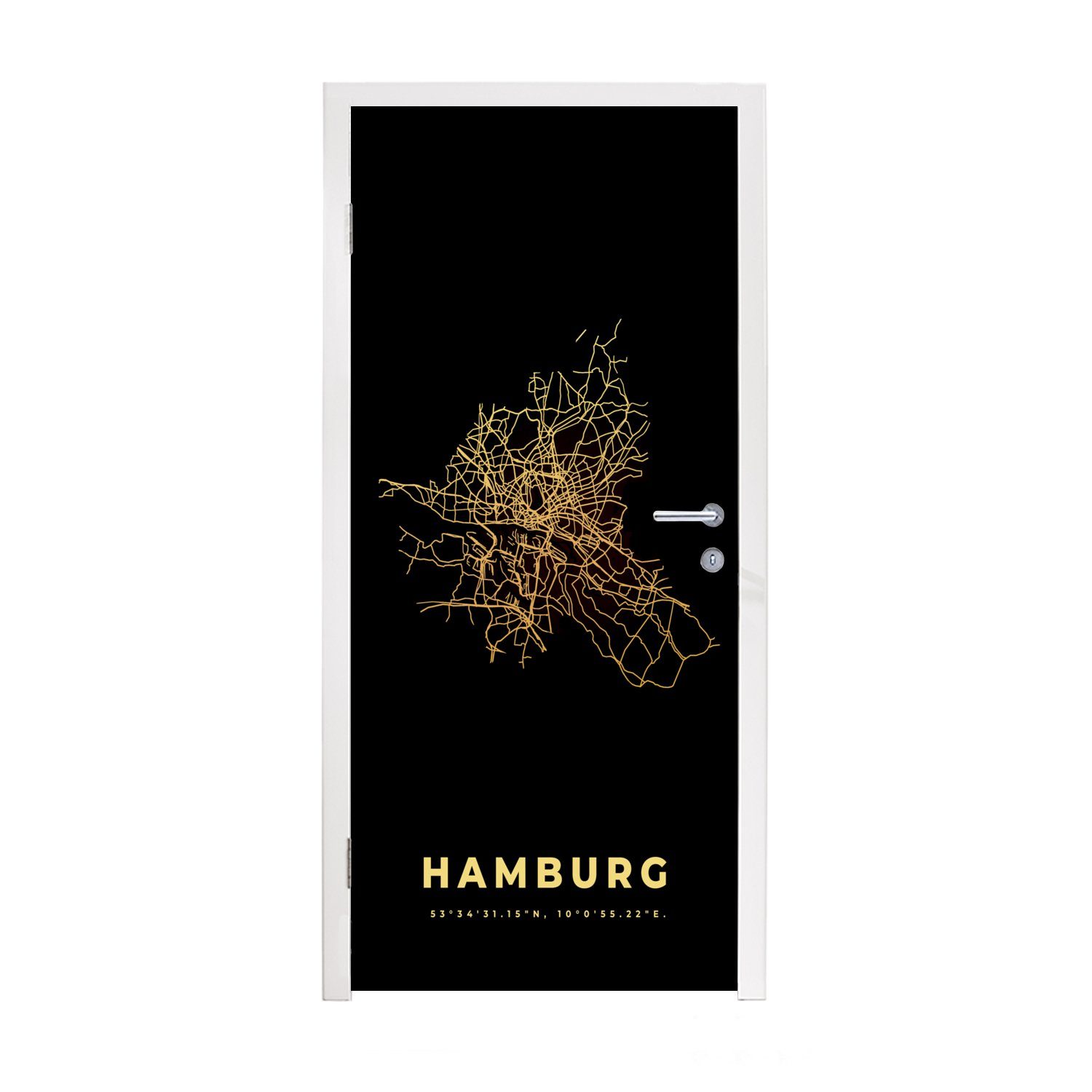 MuchoWow Türtapete Hamburg - Gold - Karte - Stadtplan, Matt, bedruckt, (1 St), Fototapete für Tür, Türaufkleber, 75x205 cm