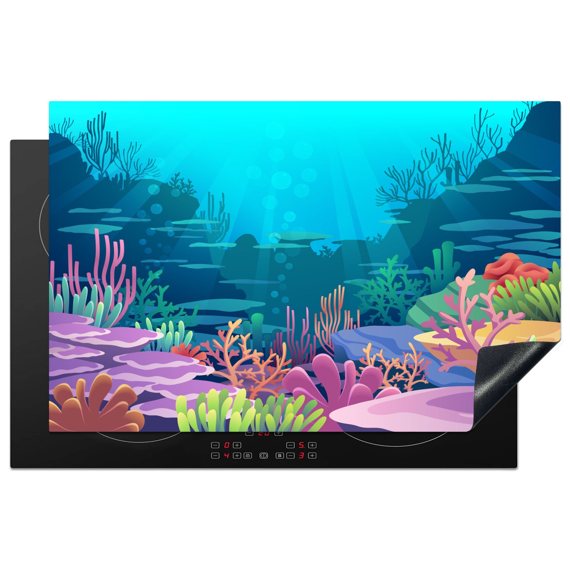 MuchoWow Herdblende-/Abdeckplatte Meer - Korallen - Unterwasserwelt - Illustration, Vinyl, (1 tlg), 81x52 cm, Induktionskochfeld Schutz für die küche, Ceranfeldabdeckung