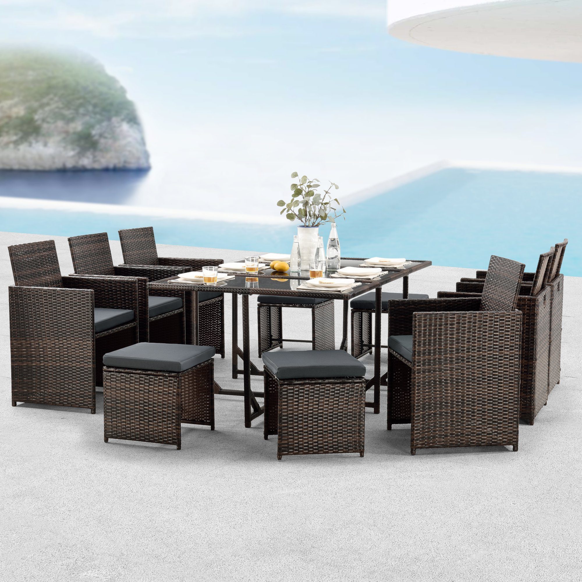 en.casa Gartenlounge-Set, (3-tlg), »Laredo« Sitzgruppe XL Gartentisch mit  Stühlen und Hocker Polyrattan Grau meliert