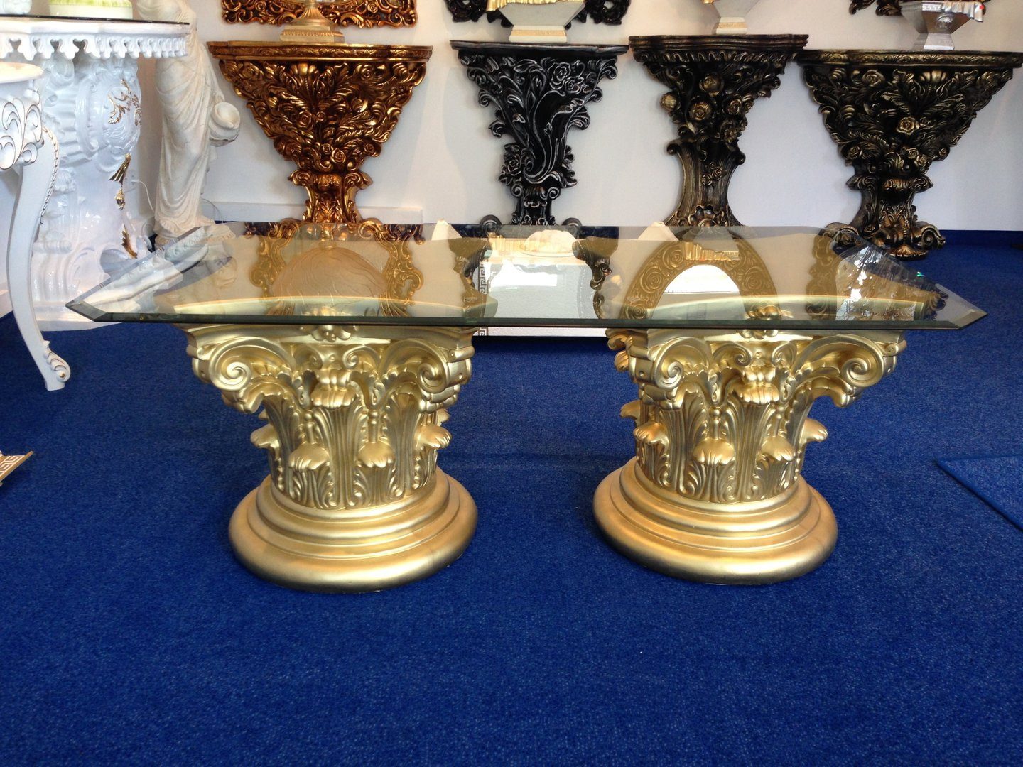 Schatzkiste1 Couchtisch Wohnzimmertisch Barockstil Antik Couchtisch Gold Mäander 130cm (2x Säulen + 1x Glasplatte), 130cm lang, 90cm Breit, 55cm hoch