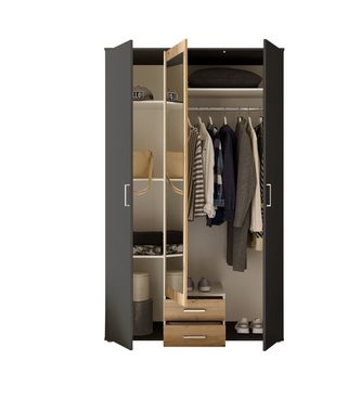 möbelando Kleiderschrank Hanau (BxHxT: 120x196x54 cm) in Graphit / Artisan Eiche mit 2 Schubladen und 3 Türen