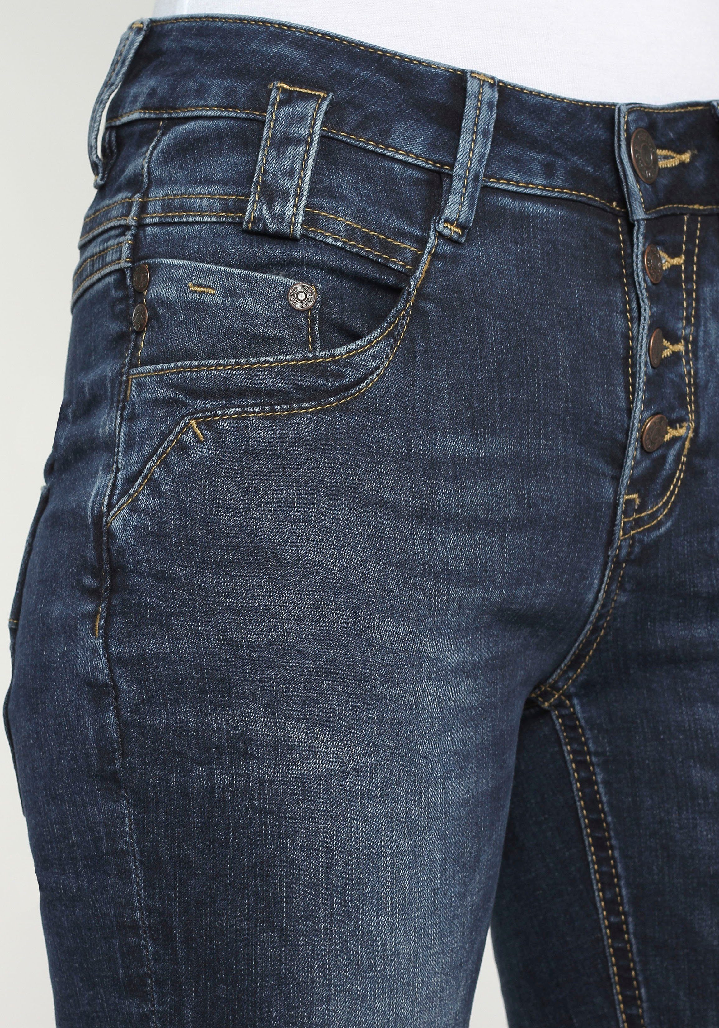 Slim-fit-Jeans dark 94CARLI GANG offener blue Knopfleiste mit