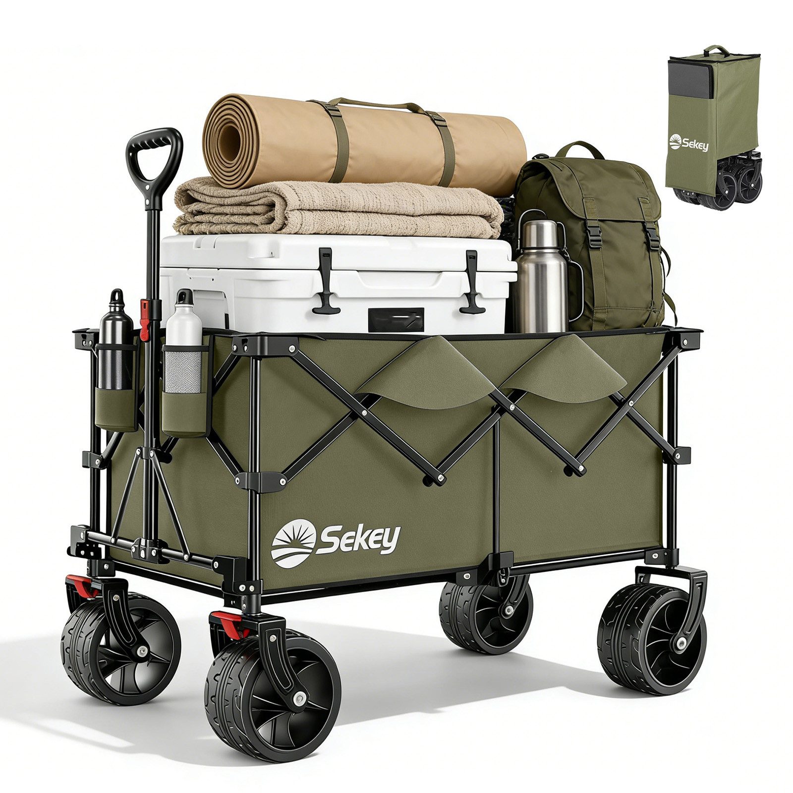 Sekey Bollerwagen Faltbar Handwagen Faltbollerwagen mit extra breiten All-Terrain-Rädern, XXL Plus Bollerwagen 200L 200KG Belastbar, 4-Wege-Sofortaufbau