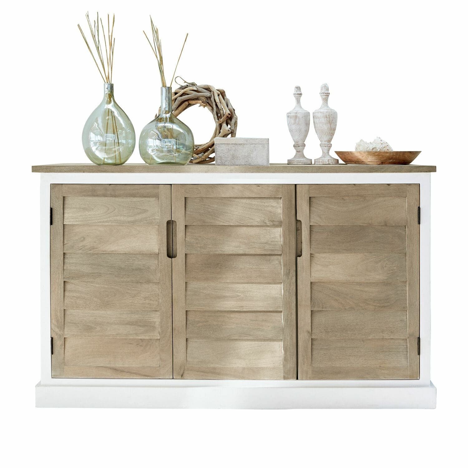 Mirabeau Kommode stilvolles Sideboard Frapelle mit Lamellenfront aus Mangoholz weiß (viel Stauraum, Ablageflächen & 3 versteckte Schubladen), Badezimmerschrank, Lamellentüren, B 150cm, H 90cm, T 45cm