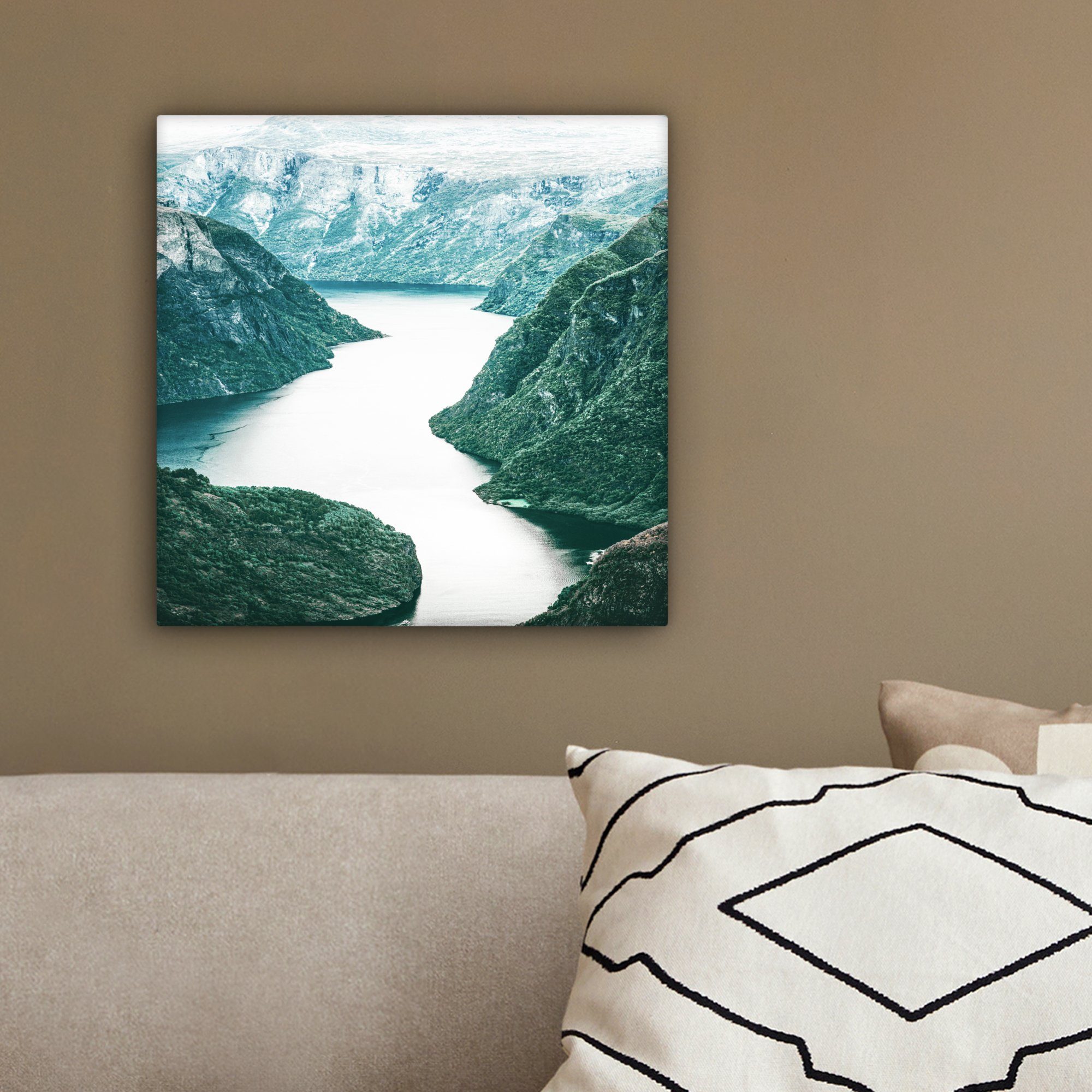 20x20 cm - Grün (1 - Leinwand für Bilder Wohnzimmer OneMillionCanvasses® St), Natur Fluss, Schlafzimmer, - Berge Leinwandbild