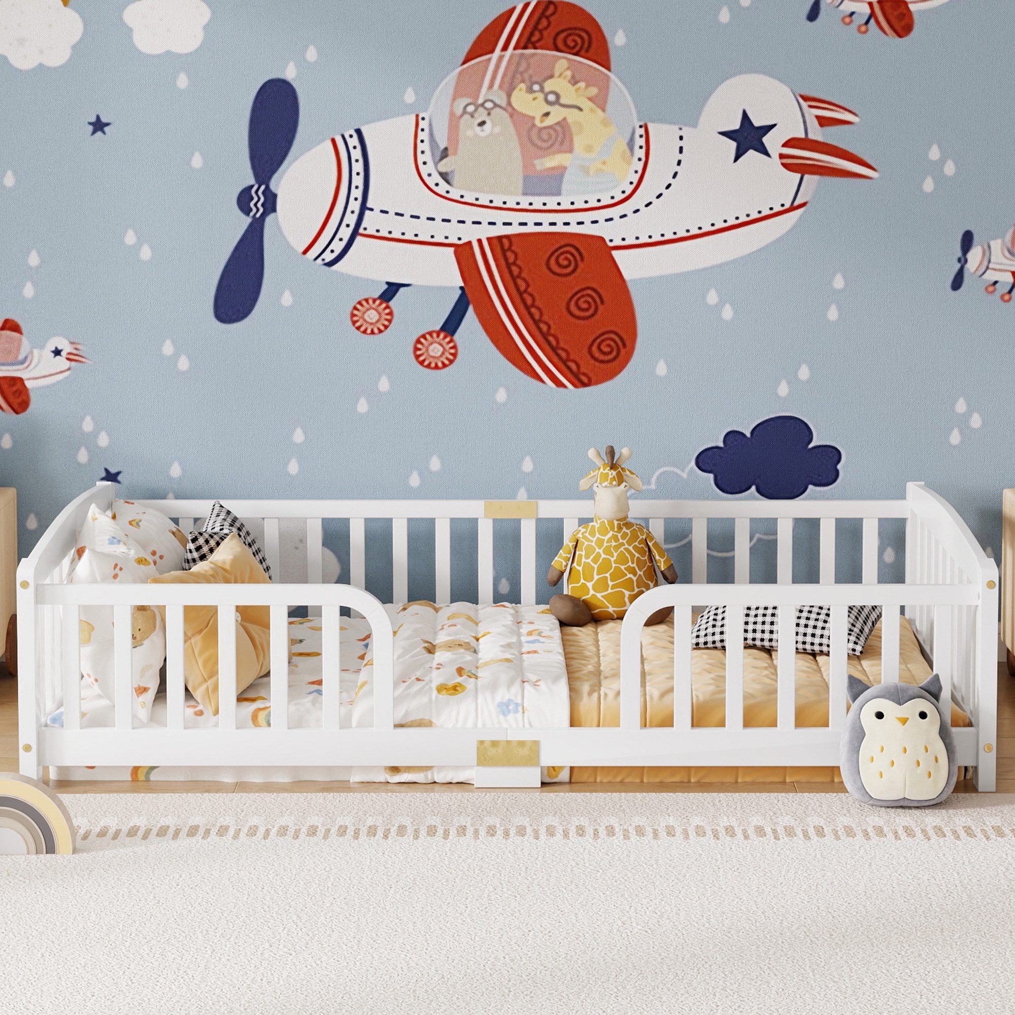 Celya Holzbett mit Sicherheitsgeländern (ohne Matratze, Zugangsöffnung mit abgerundeten Ecken, Einfache Montage), Geeignet für Schlafzimmer, Kinderzimmer, Jugendzimmer