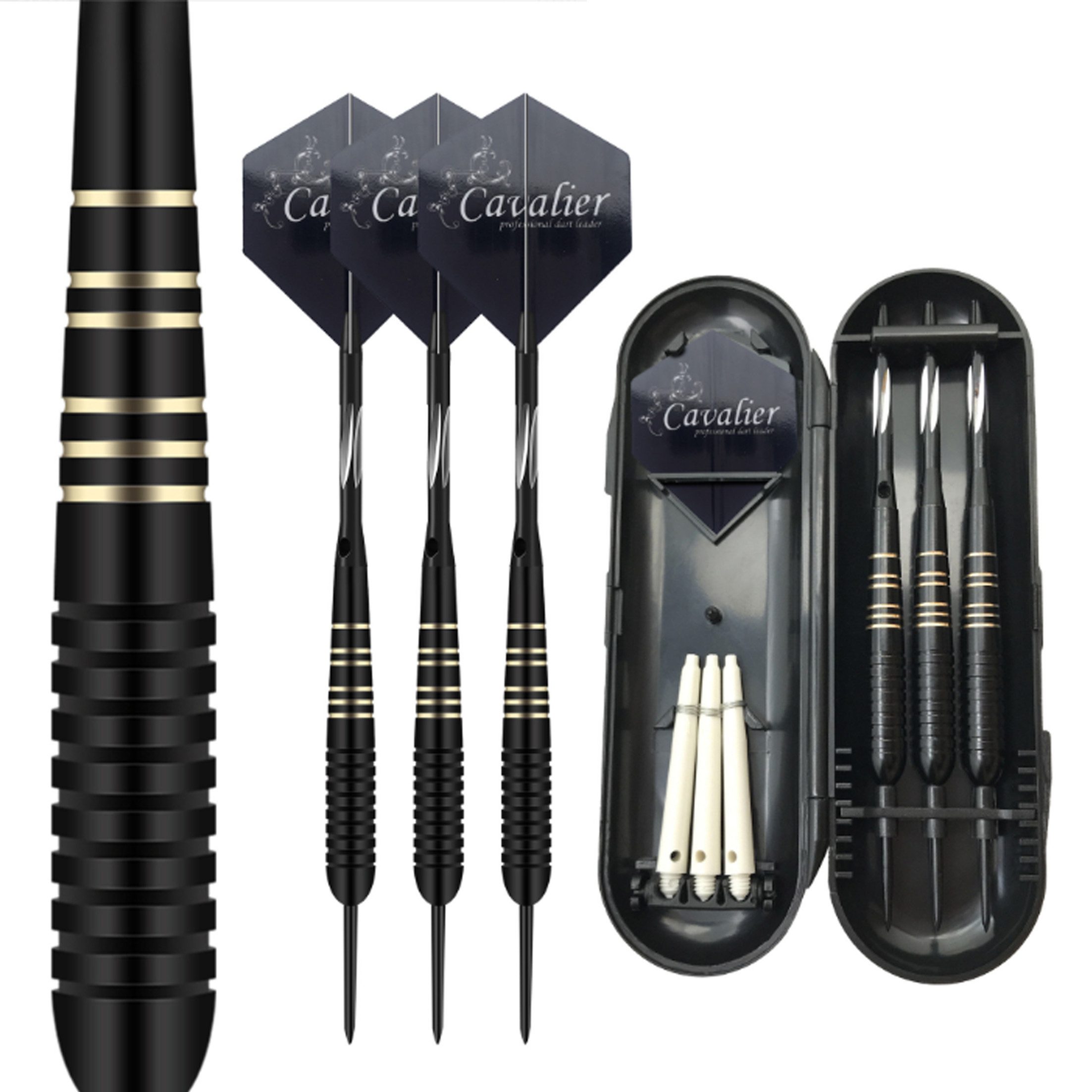 KINSI Dartpfeil Dartpfeile Set mit gravierten Stielen, schwarz, inklusive Schutzhülle, ausgezeichnete Griffigkeit
