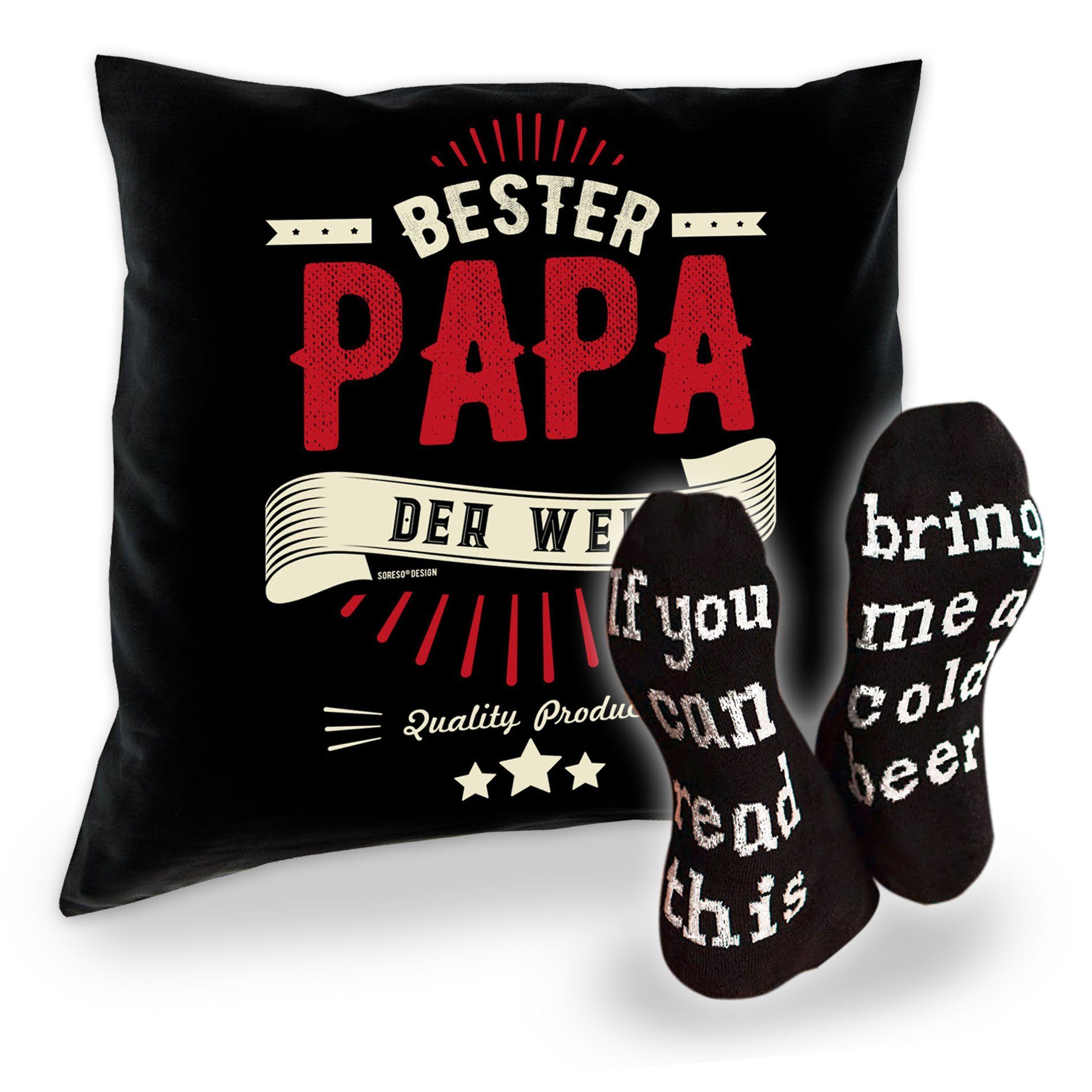 Soreso® Dekokissen Geschenke für Männer Papa - Deko Kissen + Lustige Sprüche Socken, Komplettes Geschenke Set