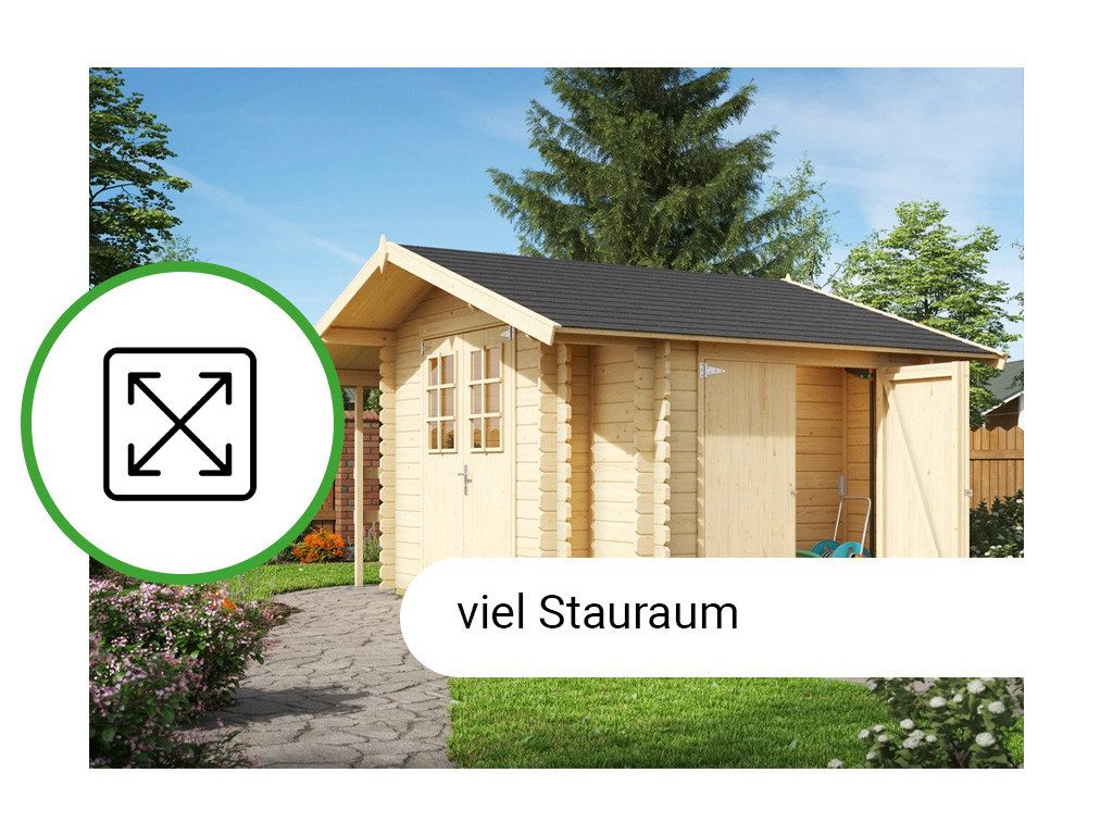 LASITA MAJA Gartenhaus Gerätehaus Blockbohlenhaus Vilano 2 28 mm naturbelassen, BxT: 380x289 cm, Anbaudach & Anbauschrank, 28 mm Wandstärke, Einzeltür mit Kunstglas...