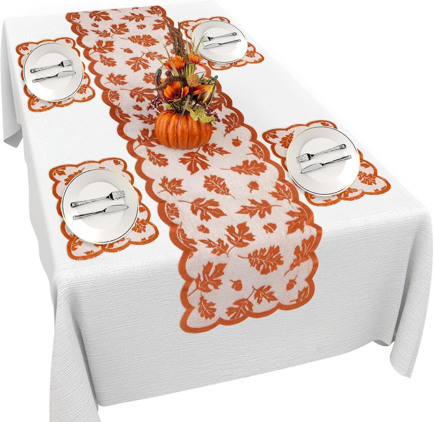 FOUORTUNATE-BEE Tischläufer Herbst Tischläufer mit Ahornblatt Spitze 33x183 cm Tischdeko (5-tlg), Tischläufer Herbstdeko für Esszimmer Party Hochzeit Festtafel