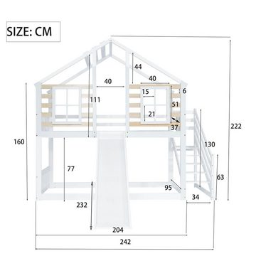 Ulife Etagenbett Doppelbett Kinderbett Hausbett mit Rutsche und Treppe, Blockhaus Kinderbett mit Absturzsicherung und Fenster,90x200 cm