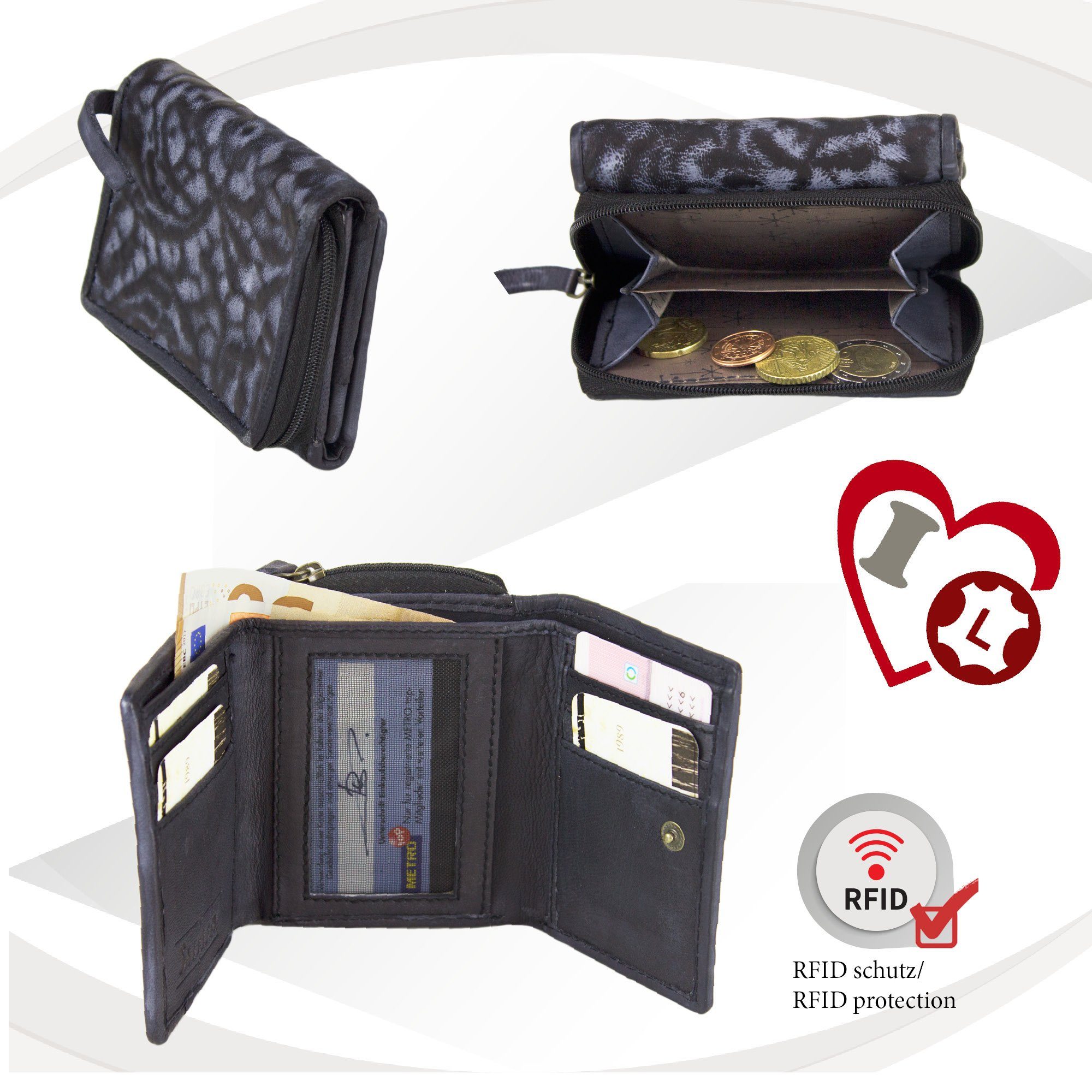 Mini Geldbeutel schwarz Leder Vintage Geldbörse Sunsa Damen, mit Style, Portemonnaie echt Leder, Brieftasche RFID-Schutz, zeitlos Vintage